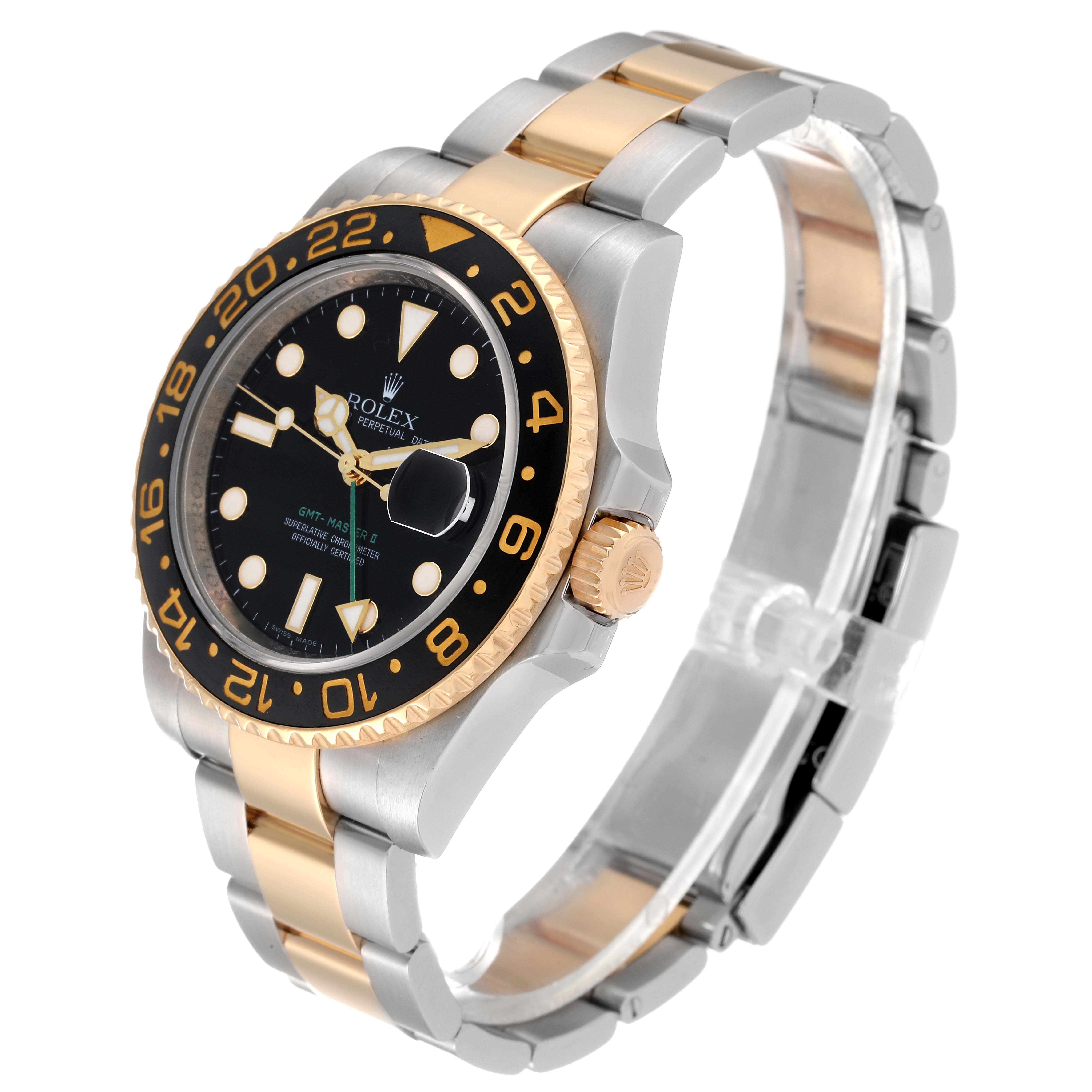 The Rolex GMT-Master 116713 Men's Steel and Gold (two tone) Black Dial 116713 Men's Steel and Gold (two tone) Black Dial watch is shown at a slight side angle, displaying its two-tone bracelet, black dial, and bezel.