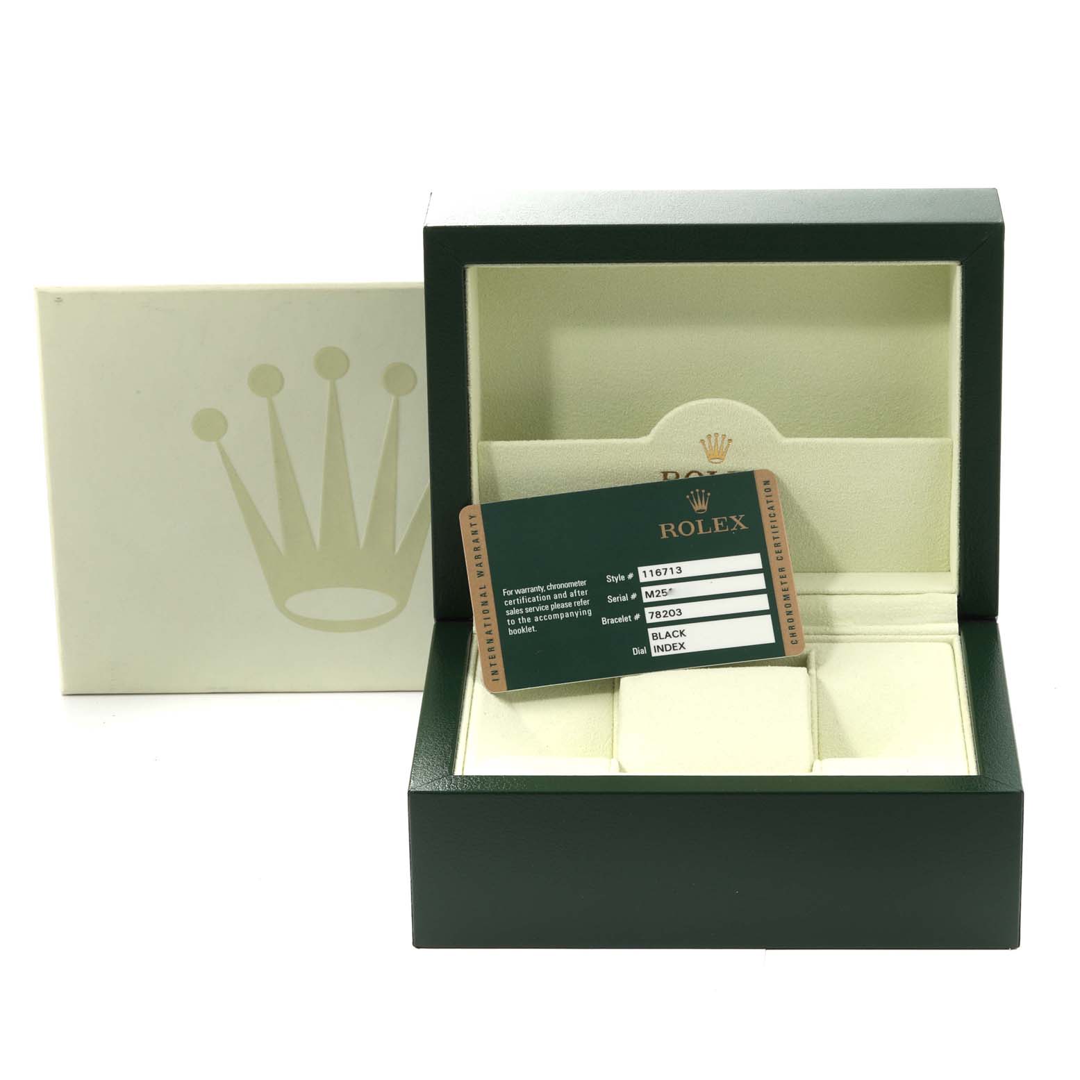 The image shows the Rolex GMT-Master 116713 Men's Steel and Gold (two tone) Black Dial 116713 Men's Steel and Gold (two tone) Black Dial model box and a warranty card, revealing the interior watch cushion and documentation.