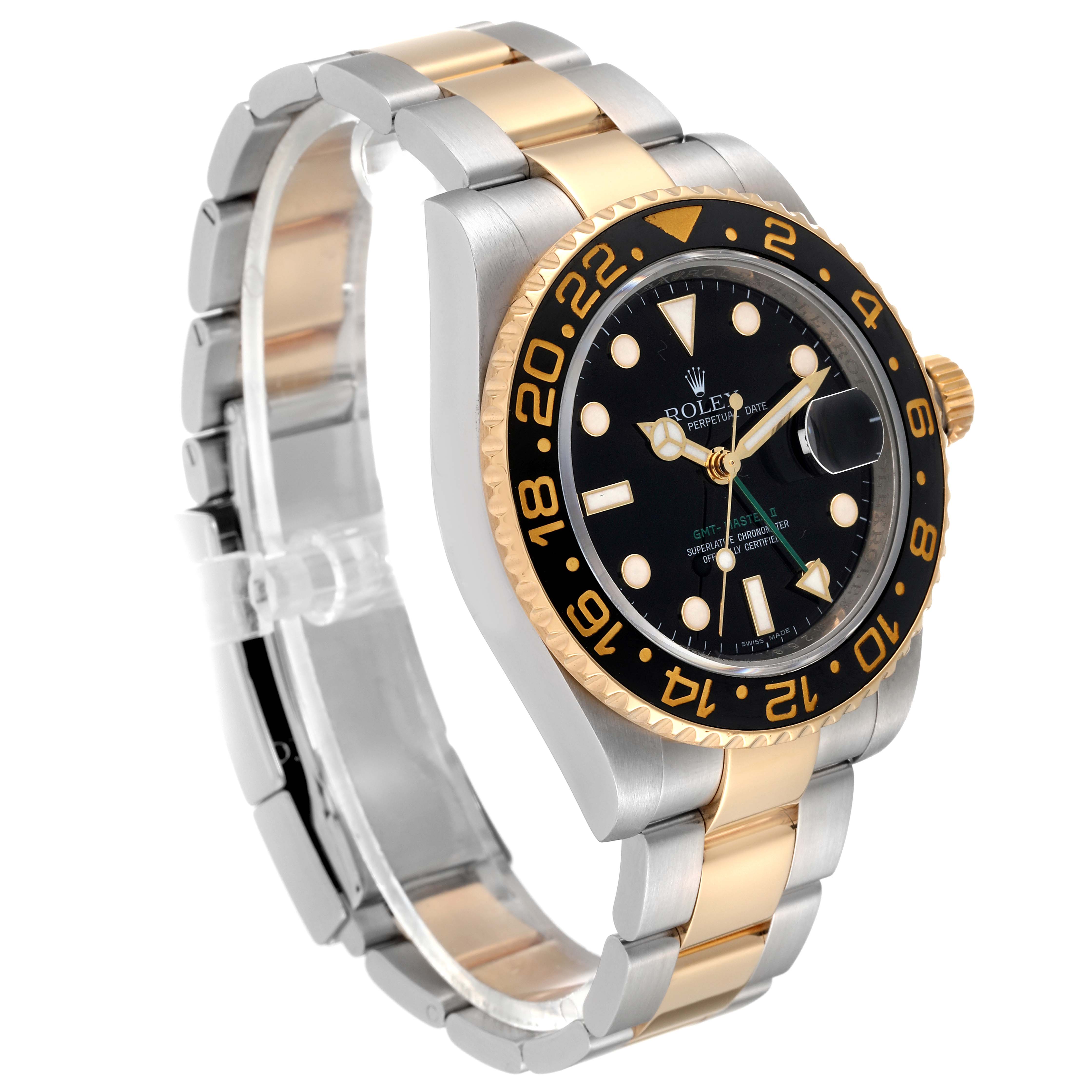 The image shows a Rolex GMT-Master 116713 Men's Steel and Gold (two tone) Black Dial 116713 Men's Steel and Gold (two tone) Black Dial watch angled to display the dial, bezel, case, and bracelet clearly.