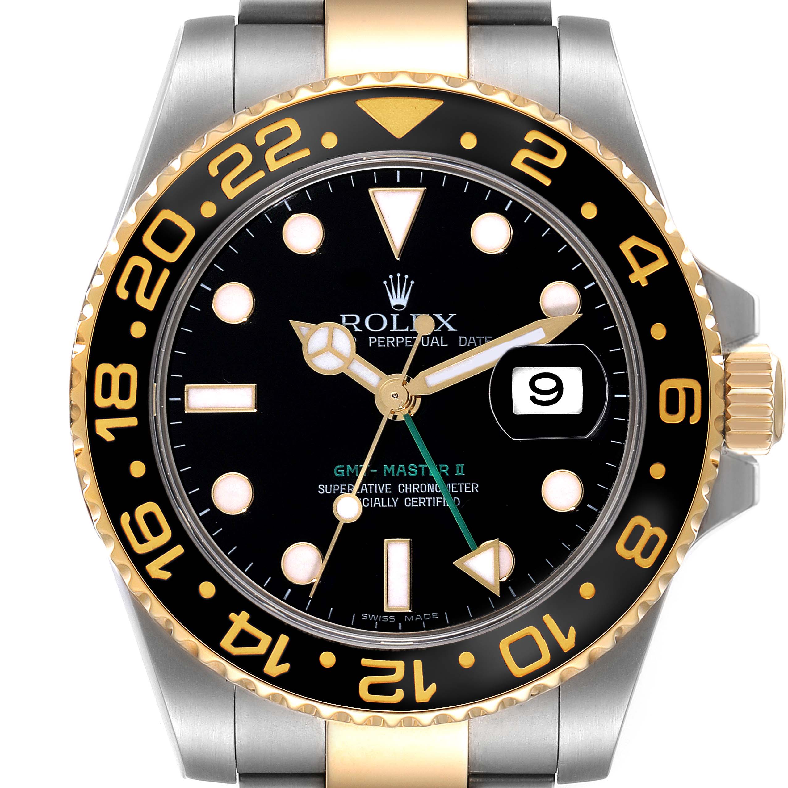 The image shows a front view of the GMT-Master II by Rolex, highlighting its black dial, date window, and two-tone bezel.