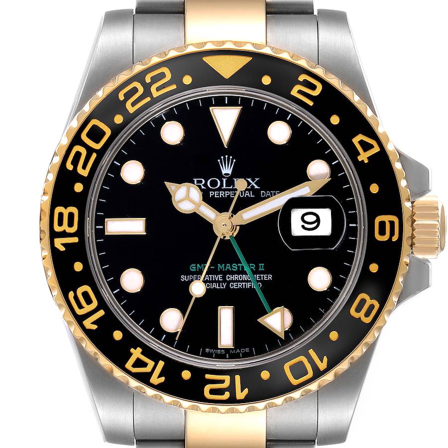 Rolex GMT Master II Steel Yellow Gold Black Dial Mens Watch 116713 Box Card SwissWatchExpo