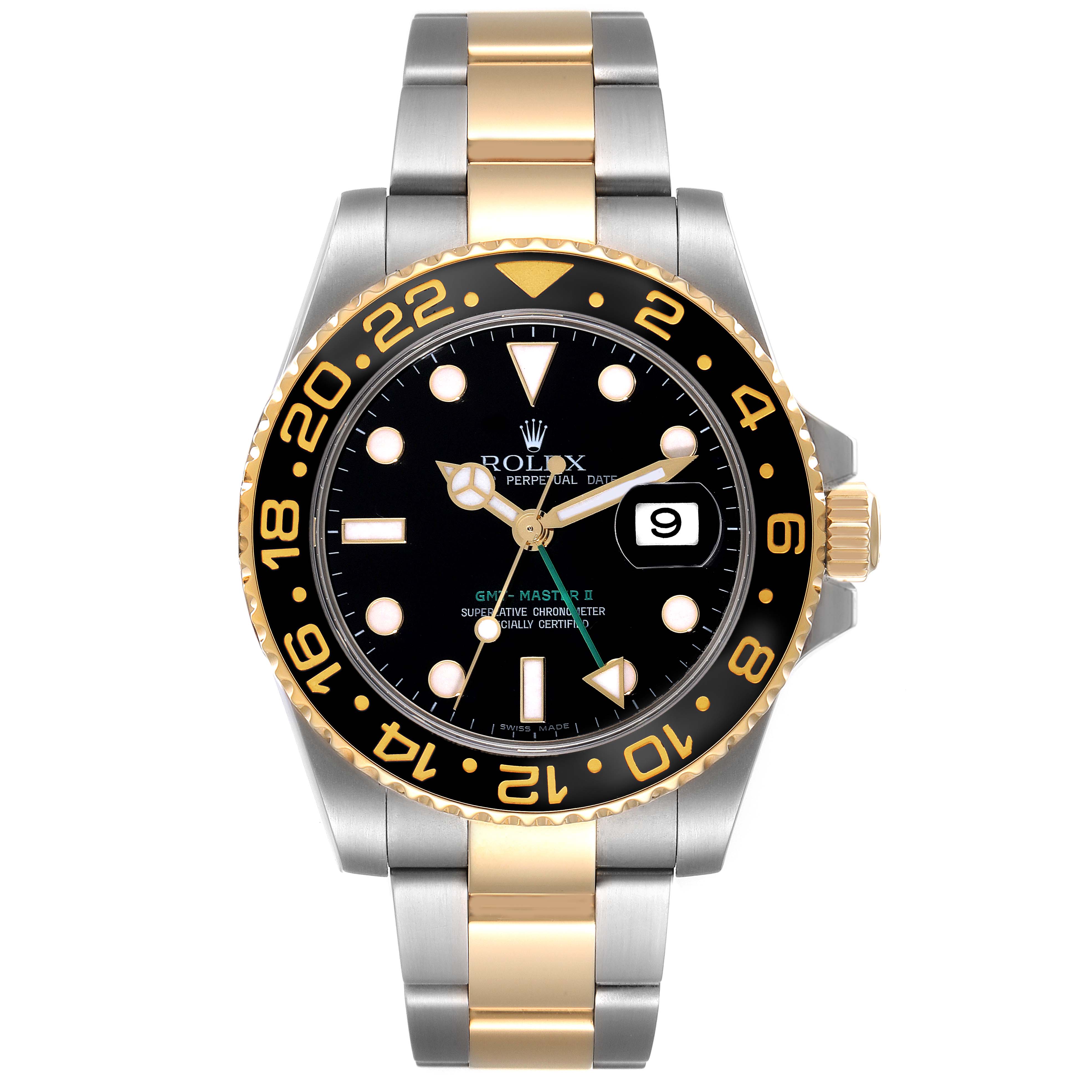 This Rolex GMT-Master 116713 Men's Steel and Gold (two tone) Black Dial 116713 Men's Steel and Gold (two tone) Black Dial watch is shown from a front angle, displaying its face, bezel, and bracelet.