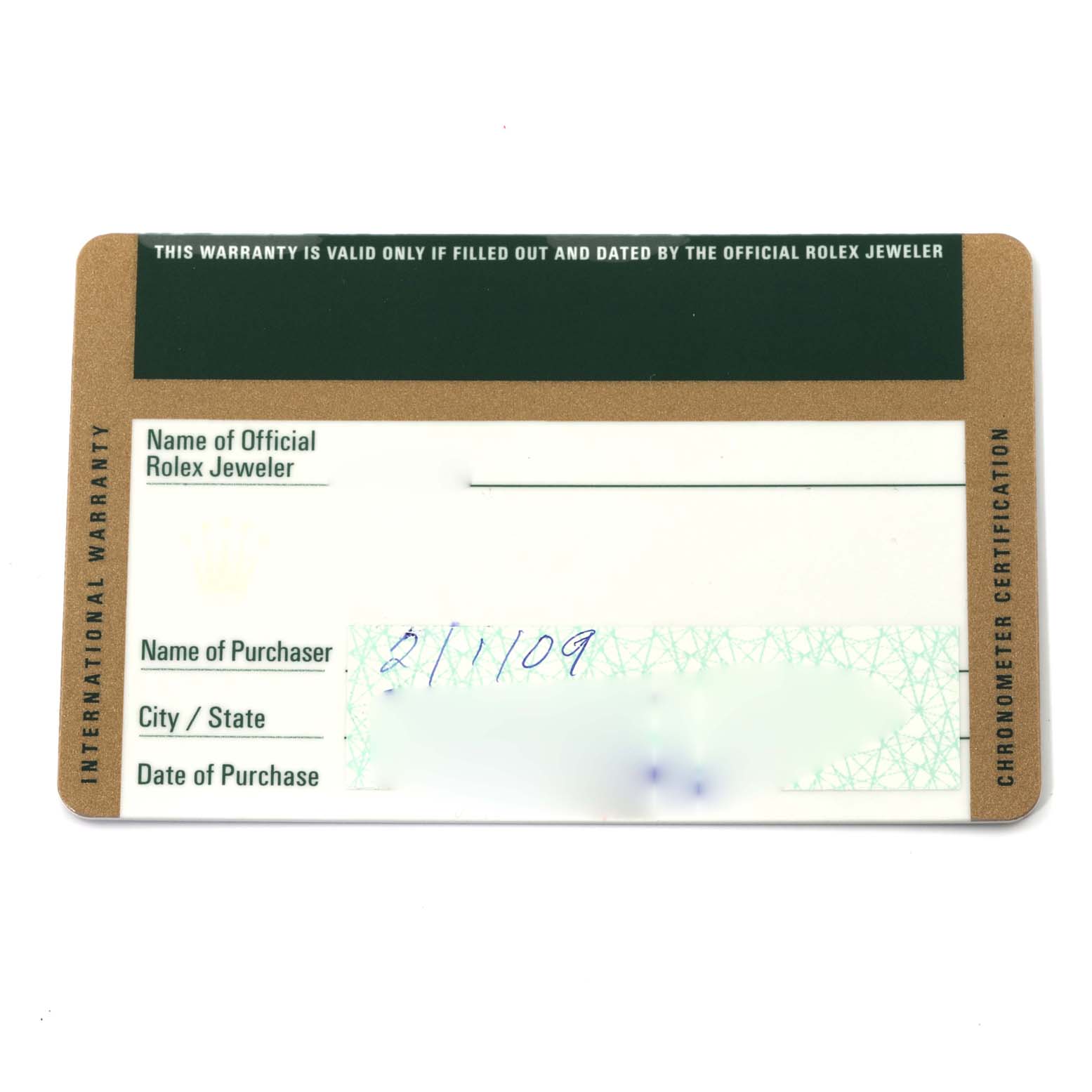 This image shows the warranty card for the Rolex GMT-Master 116713 Men's Steel and Gold (two tone) Black Dial 116713 Men's Steel and Gold (two tone) Black Dial watch, detailing the purchase date and retailer information.