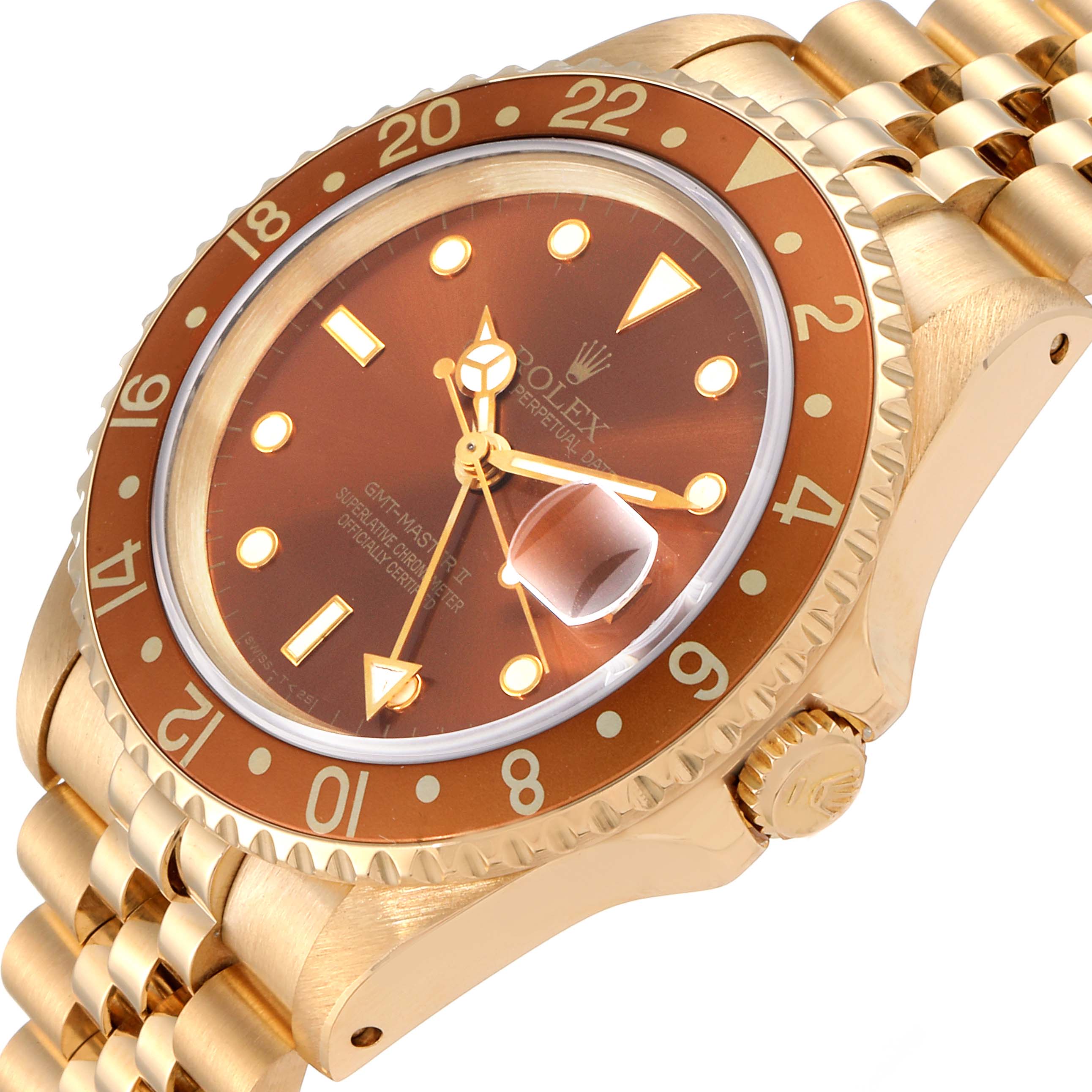The image displays a yellow gold Rolex GMT-Master 16718 Men's Yellow Gold Brown Dial 16718 Men's Yellow Gold Brown Dial watch at a close angle, highlighting the brown dial, bezel, crown, and part of the bracelet.
