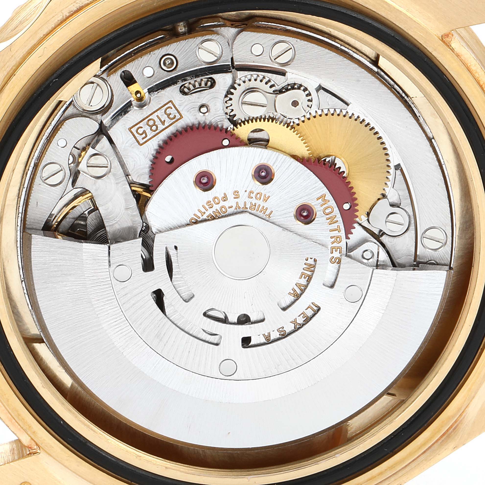 This image shows the inner mechanism and movement of a Rolex GMT-Master 16718 Men's Yellow Gold Brown Dial 16718 Men's Yellow Gold Brown Dial watch viewed from the back.