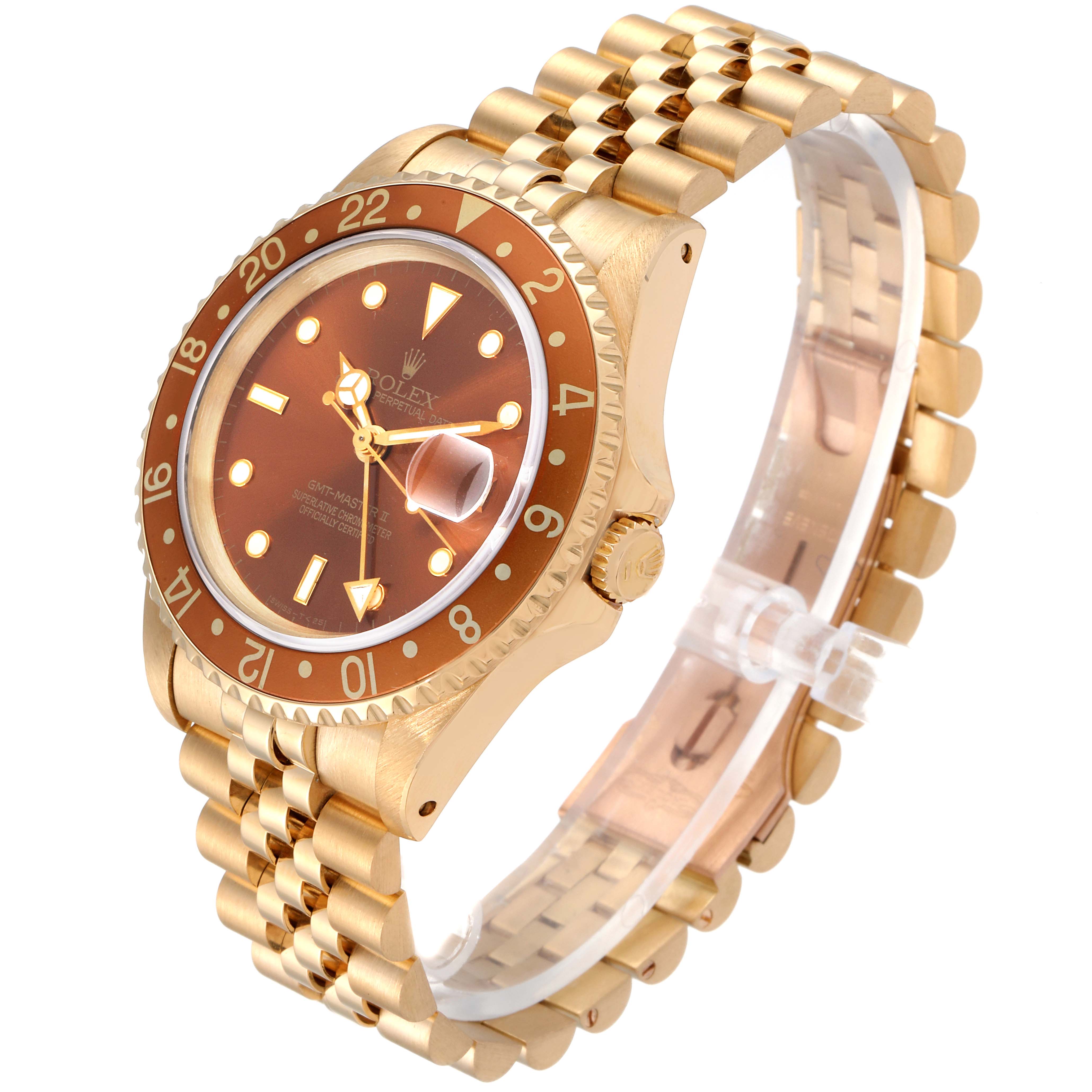 The Rolex GMT-Master 16718 Men's Yellow Gold Brown Dial 16718 Men's Yellow Gold Brown Dial watch is shown at an angled side view, displaying the face, bezel, case, and part of the bracelet.