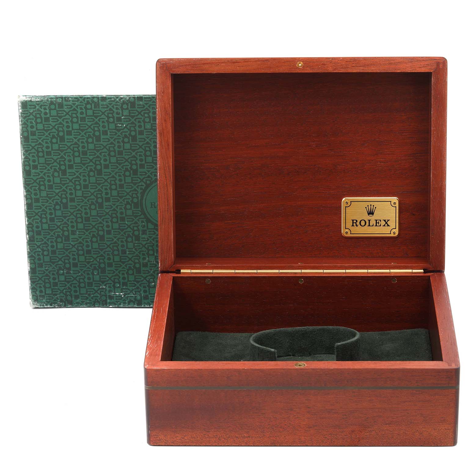 This image shows an open wooden box for the Rolex GMT-Master 16718 Men's Yellow Gold Brown Dial 16718 Men's Yellow Gold Brown Dial, with the brand name displayed inside.