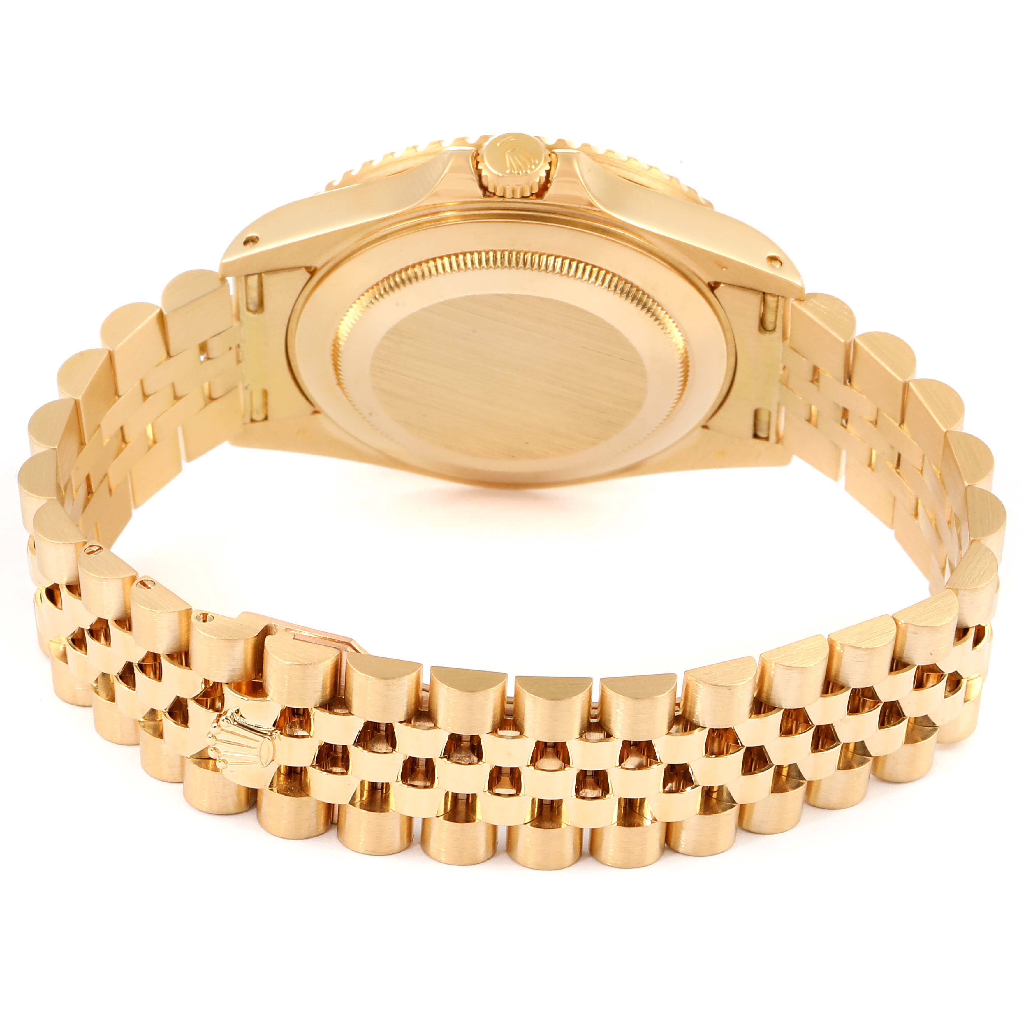 The image shows the back and bracelet of a Rolex GMT-Master 16718 Men's Yellow Gold Brown Dial 16718 Men's Yellow Gold Brown Dial watch.