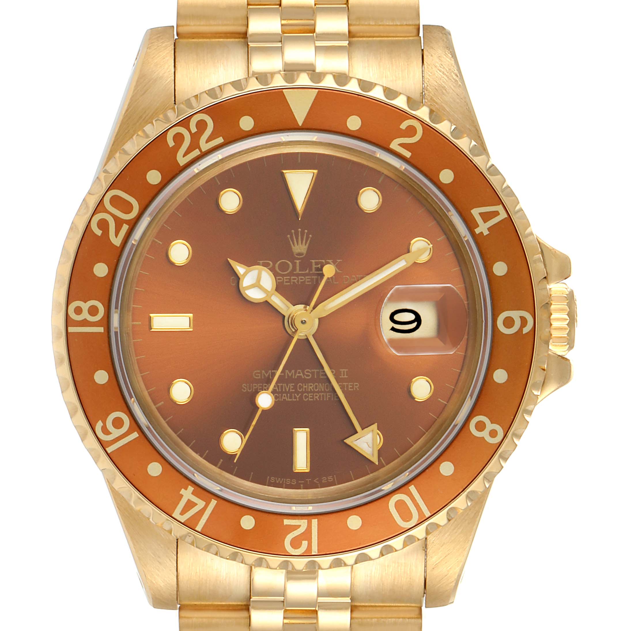 This image shows the front view of a Rolex GMT-Master 16718 Men's Yellow Gold Brown Dial 16718 Men's Yellow Gold Brown Dial II watch, highlighting its bezel, dial, and part of the bracelet.