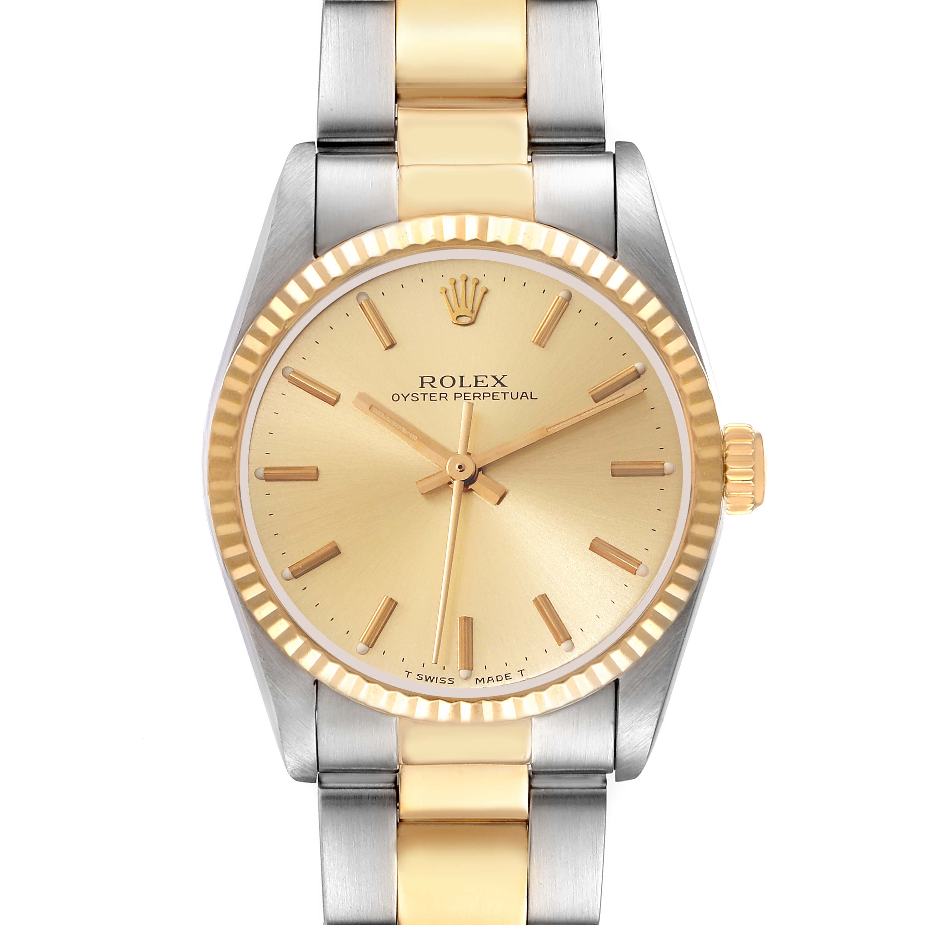 This image shows the face and partial band of a Rolex Mid-Size 67513 Women's Steel and Gold (two tone) Champagne Dial 67513 Women's Steel and Gold (two tone) Champagne Dial Oyster Perpetual watch at a straight-on angle.