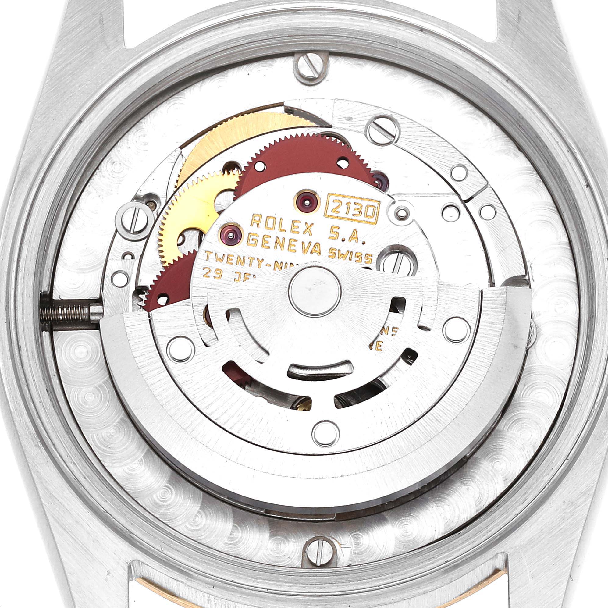 The image shows the inner mechanical movement parts of a Rolex Mid-Size 67513 Women's Steel and Gold (two tone) Champagne Dial 67513 Women's Steel and Gold (two tone) Champagne Dial model, viewed from the back.
