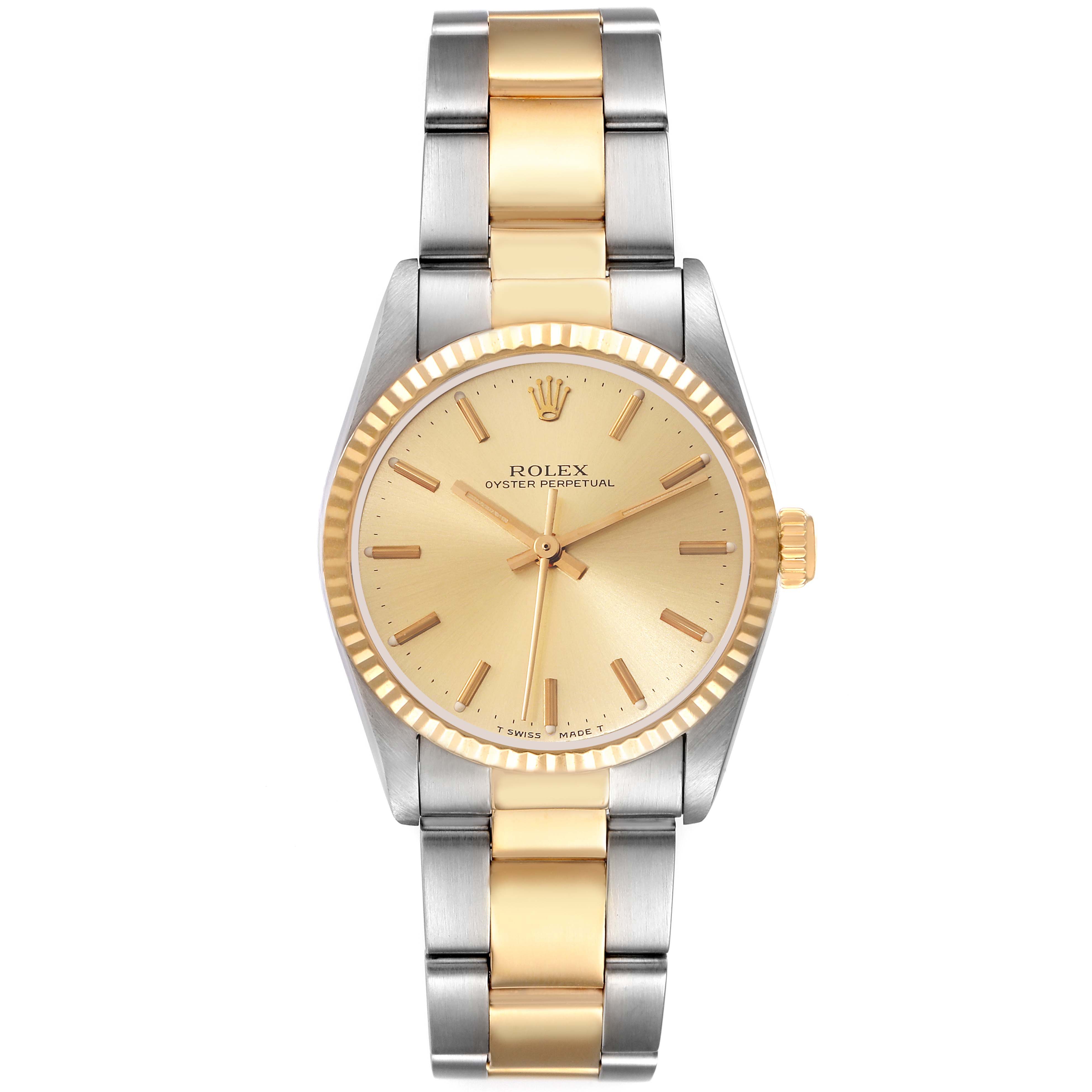 This image shows a front view of a Mid-Size Rolex Oyster Perpetual watch featuring a gold and silver two-tone bracelet.