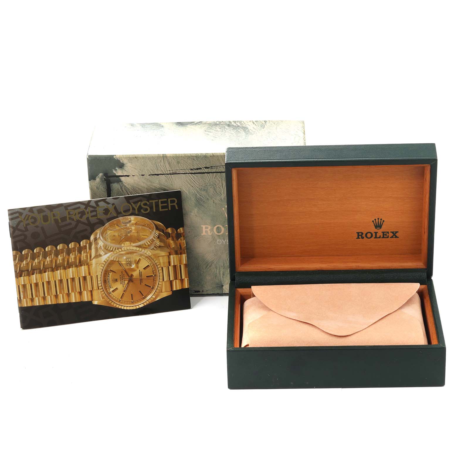 The image shows a Rolex Mid-Size 67513 Women's Steel and Gold (two tone) Champagne Dial 67513 Women's Steel and Gold (two tone) Champagne Dial model watch box, an outer packaging cover, and a booklet.