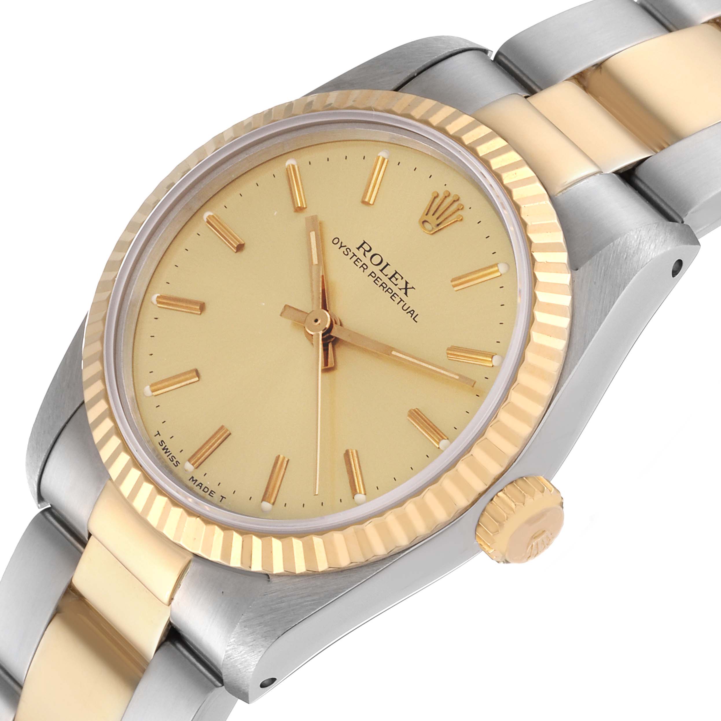 This image shows a close-up of a Rolex Oyster Perpetual Mid-Size model watch, focusing on the face, bezel, and partial bracelet.