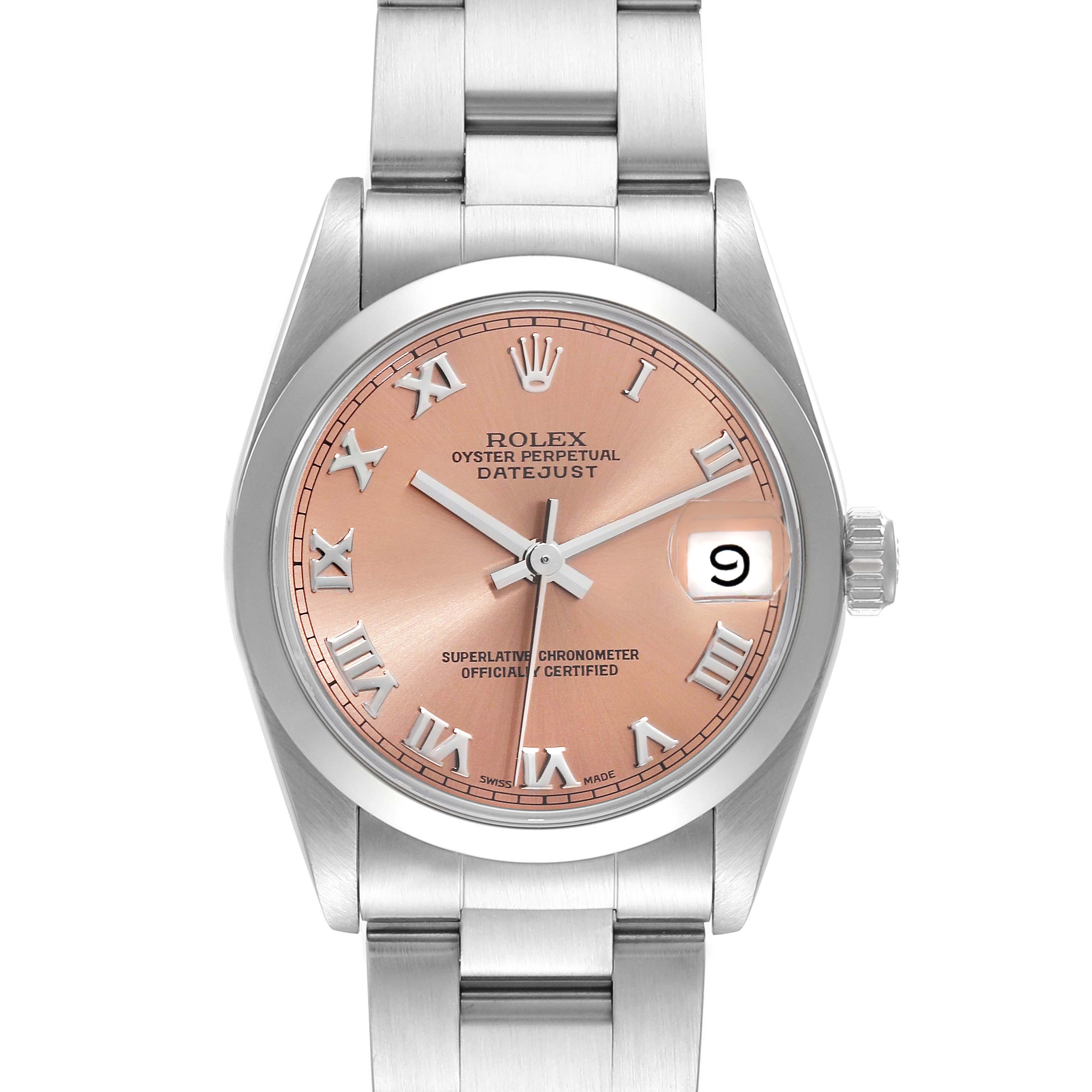 This image shows a front view of a Rolex Mid-Size 68240 Women's Stainless Steel Pink Dial 68240 Women's Stainless Steel Pink Dial Oyster Perpetual Datejust watch with a pink dial and Roman numerals.