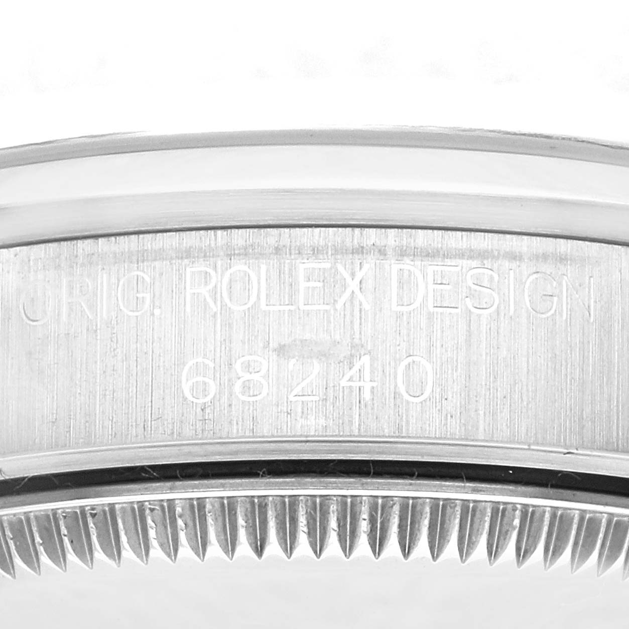 This image shows the side of the mid-size Rolex model 68240, including the case and bezel.