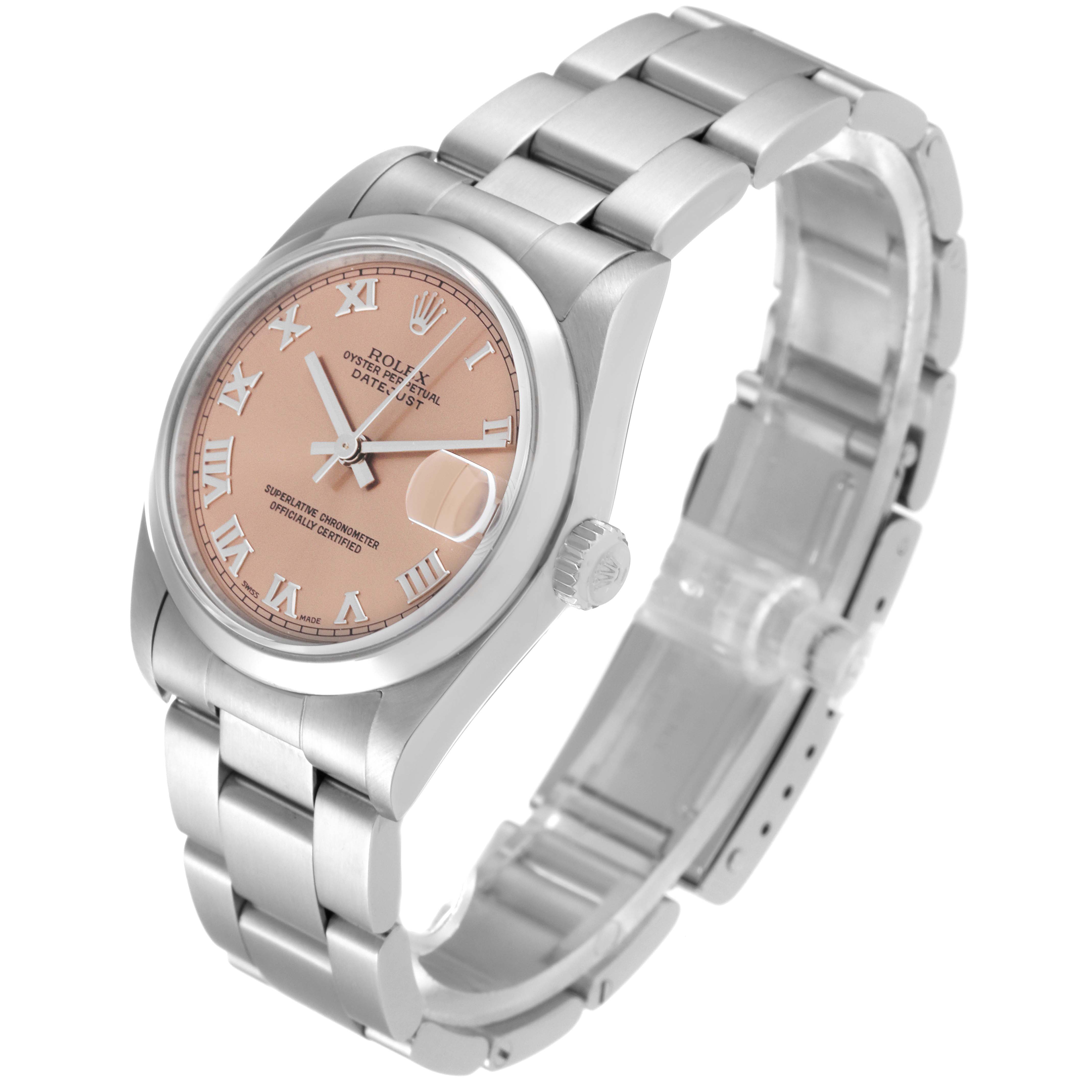This image displays a Rolex Mid-Size 68240 Women's Stainless Steel Pink Dial 68240 Women's Stainless Steel Pink Dial Oyster Perpetual Datejust watch at a three-quarter angle, showing the dial, case, and bracelet.