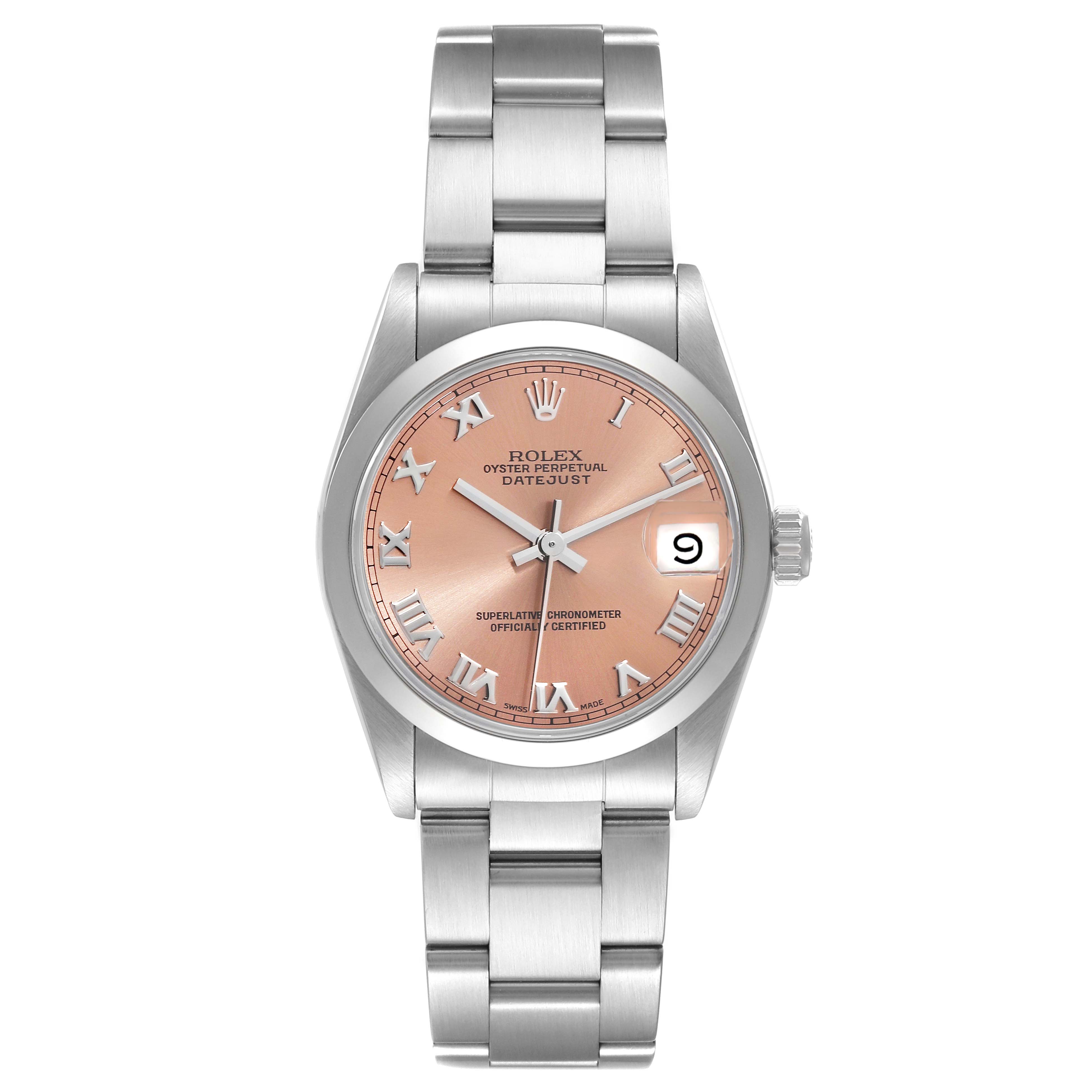 The image shows the Rolex Datejust Mid-Size model from a top view, displaying its dial, bracelet, and crown.