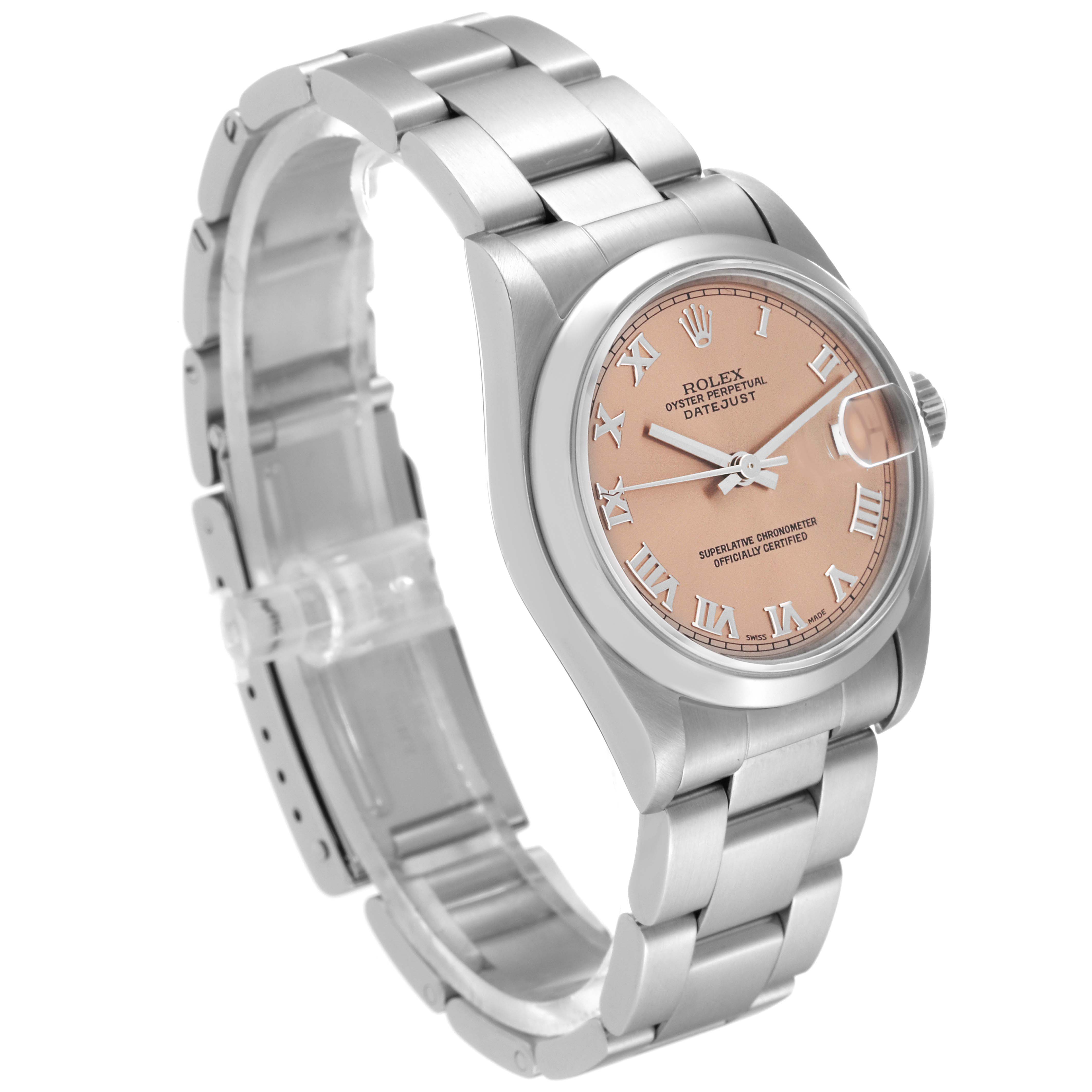 The Rolex Mid-Size 68240 Women's Stainless Steel Pink Dial 68240 Women's Stainless Steel Pink Dial Datejust watch is shown at a three-quarter angle, displaying the dial, bracelet, and part of the crown.