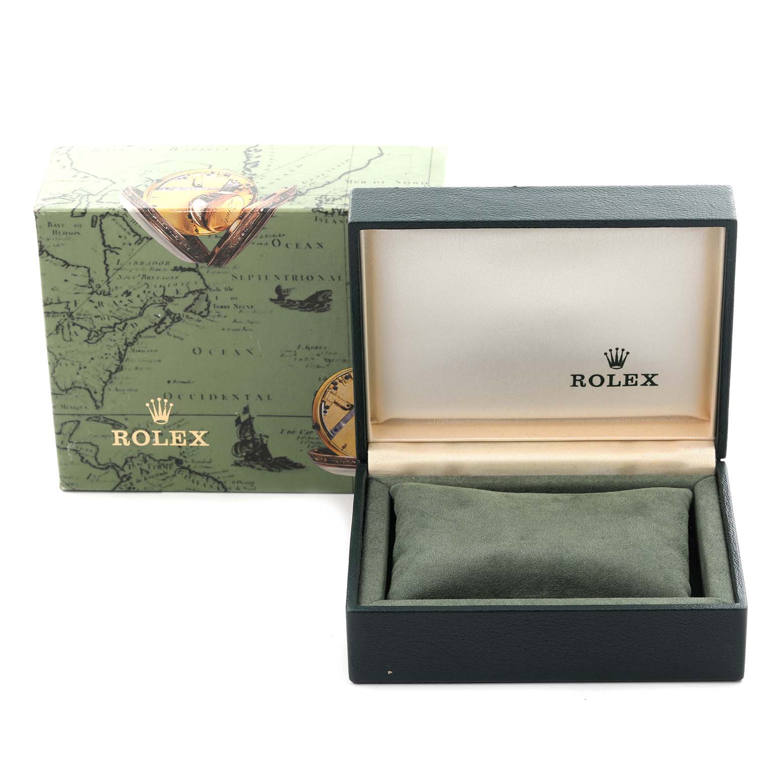 The image shows a Rolex Mid-Size 77080 Women's Stainless Steel Black Dial 77080 Women's Stainless Steel Black Dial model box and green cushion at a front angle.