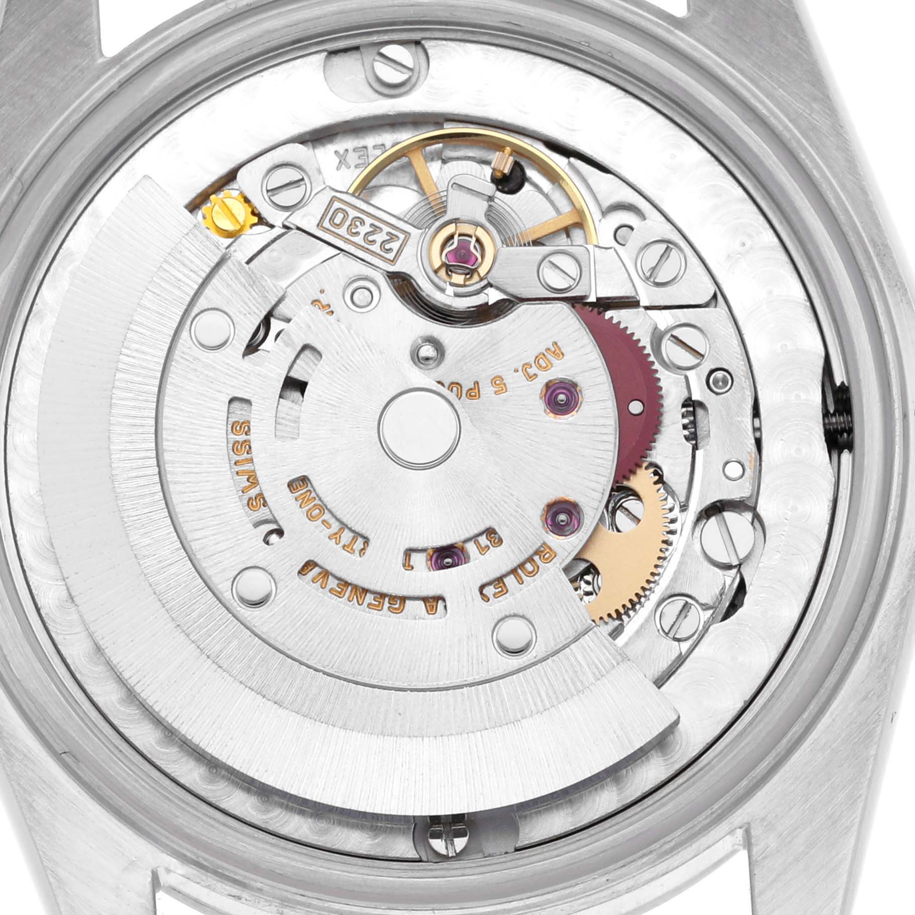 The image shows the movement of a Rolex Mid-Size 77080 Women's Stainless Steel Black Dial 77080 Women's Stainless Steel Black Dial watch from a top-down angle, highlighting the intricate components and craftsmanship.