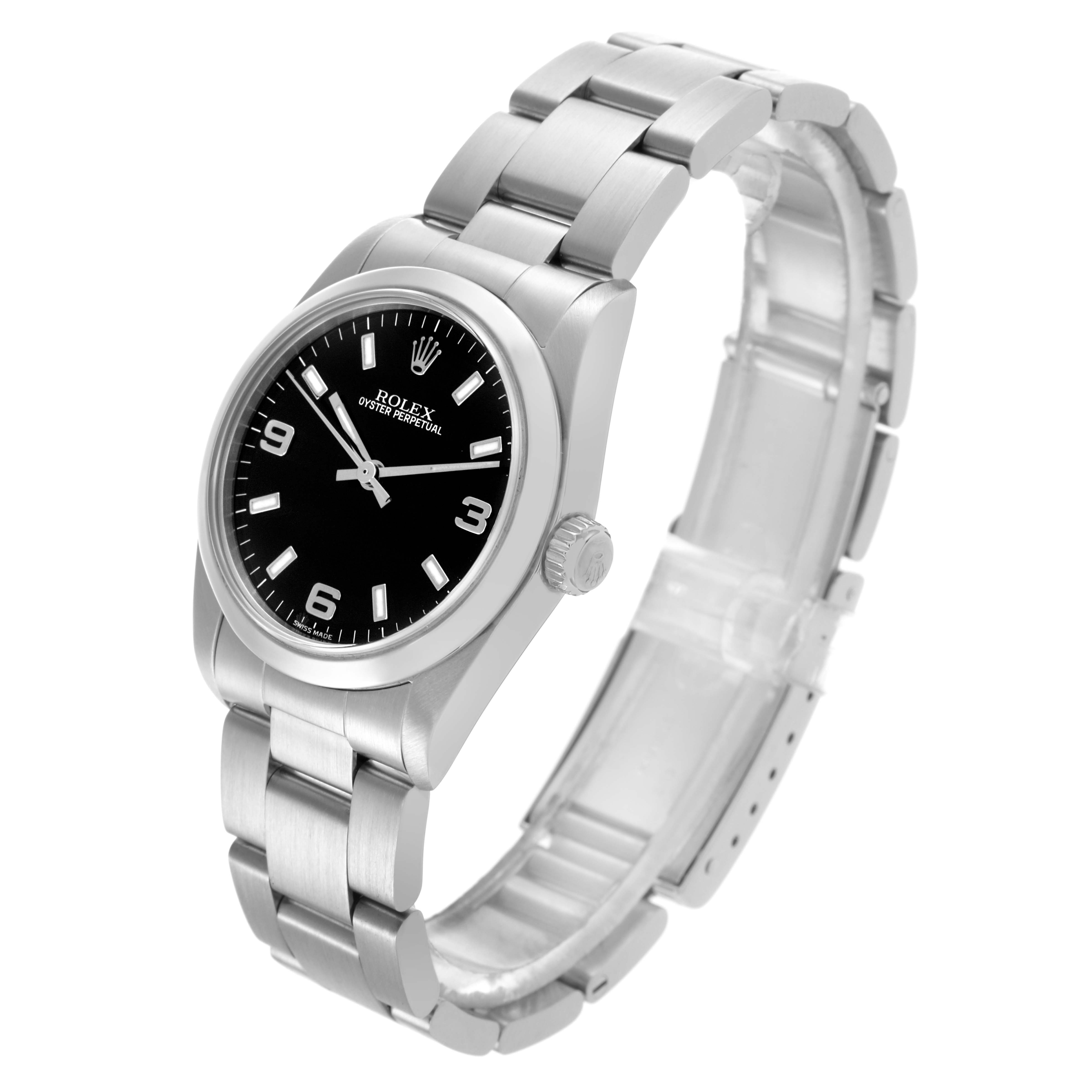 The Rolex Mid-Size 77080 Women's Stainless Steel Black Dial 77080 Women's Stainless Steel Black Dial watch is shown at a three-quarter angle, highlighting the bracelet, bezel, and dial.