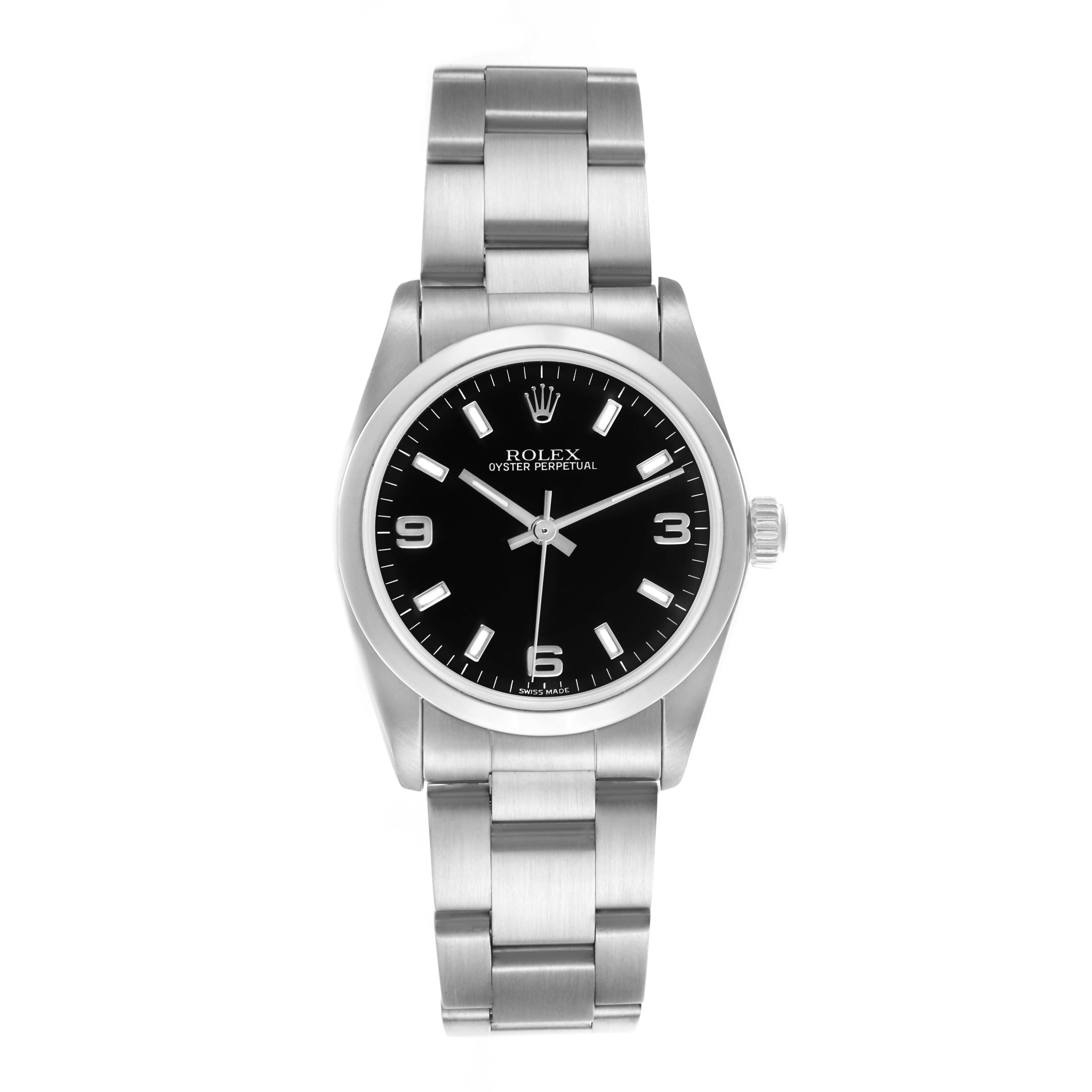 The Rolex Mid-Size 77080 Women's Stainless Steel Black Dial 77080 Women's Stainless Steel Black Dial model is shown from a top-down angle, displaying the bracelet, case, dial, and crown clearly.