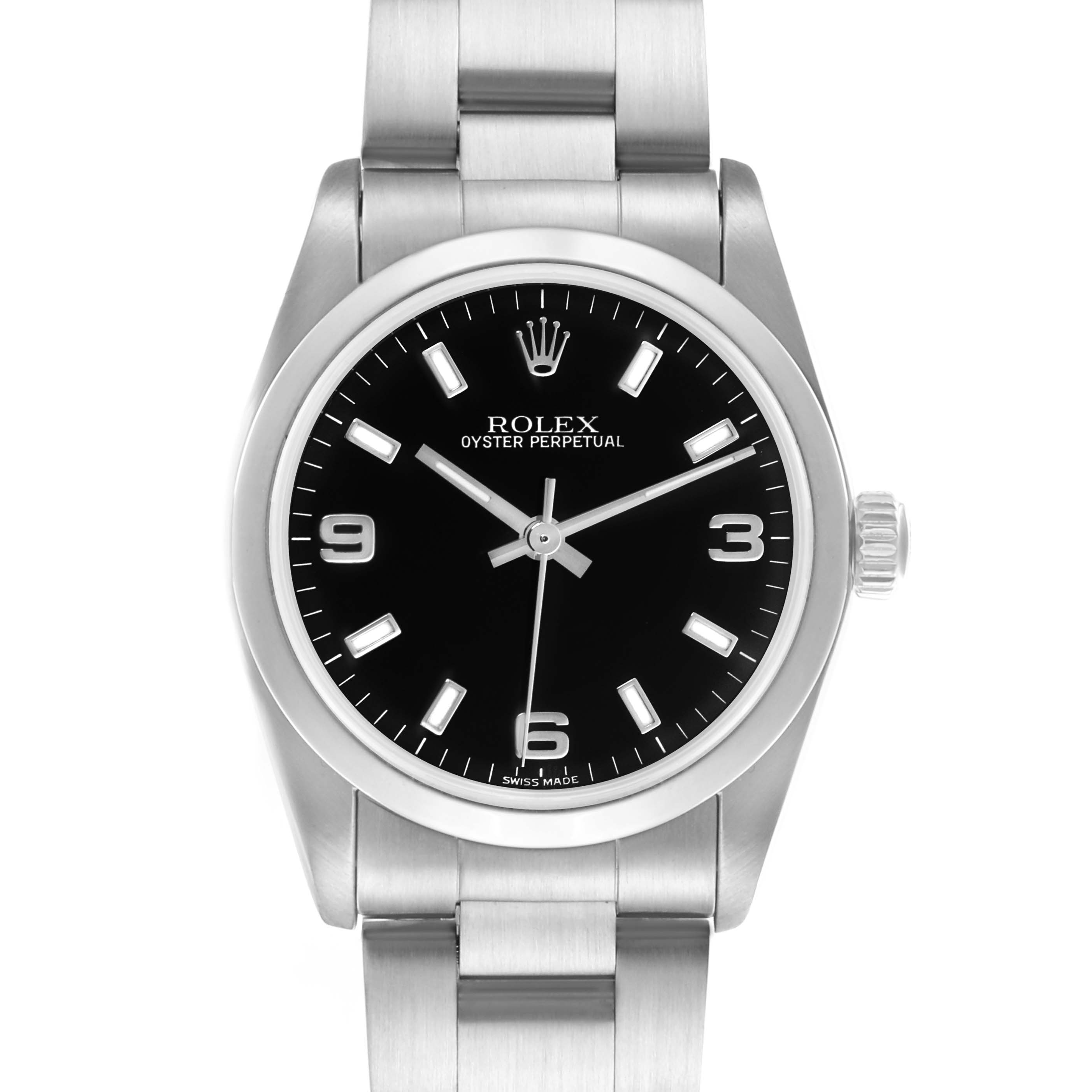The Rolex Mid-Size 77080 Women's Stainless Steel Black Dial 77080 Women's Stainless Steel Black Dial model is shown from a front view, displaying its face, dial, and part of the bracelet.