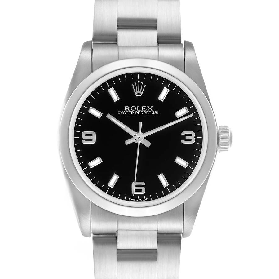 The Rolex Mid-Size model is shown from a front view, displaying its face, dial, and part of the bracelet.