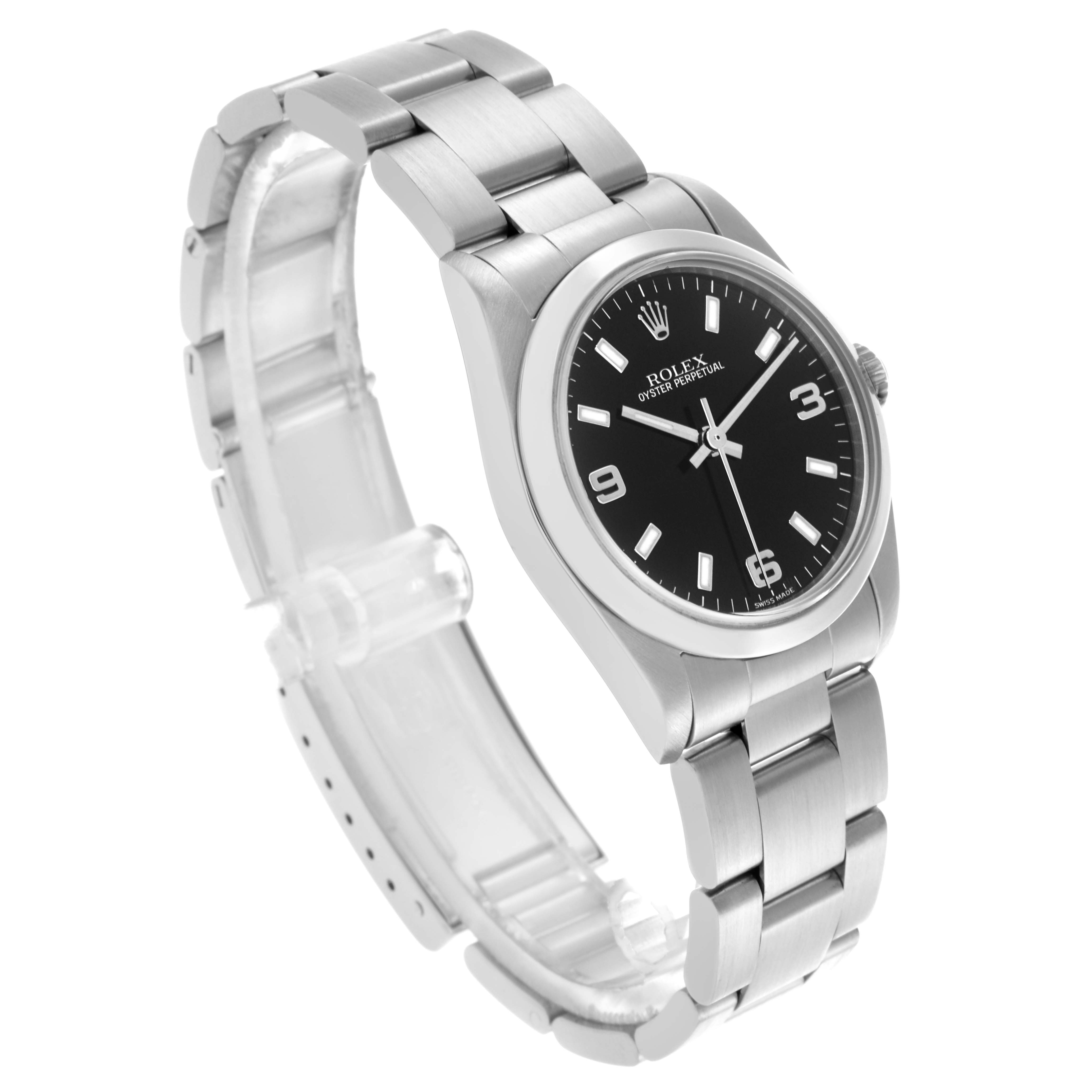 The image shows a Rolex Mid-Size 77080 Women's Stainless Steel Black Dial 77080 Women's Stainless Steel Black Dial watch at a three-quarter angle, displaying the face, bezel, bracelet, and crown.