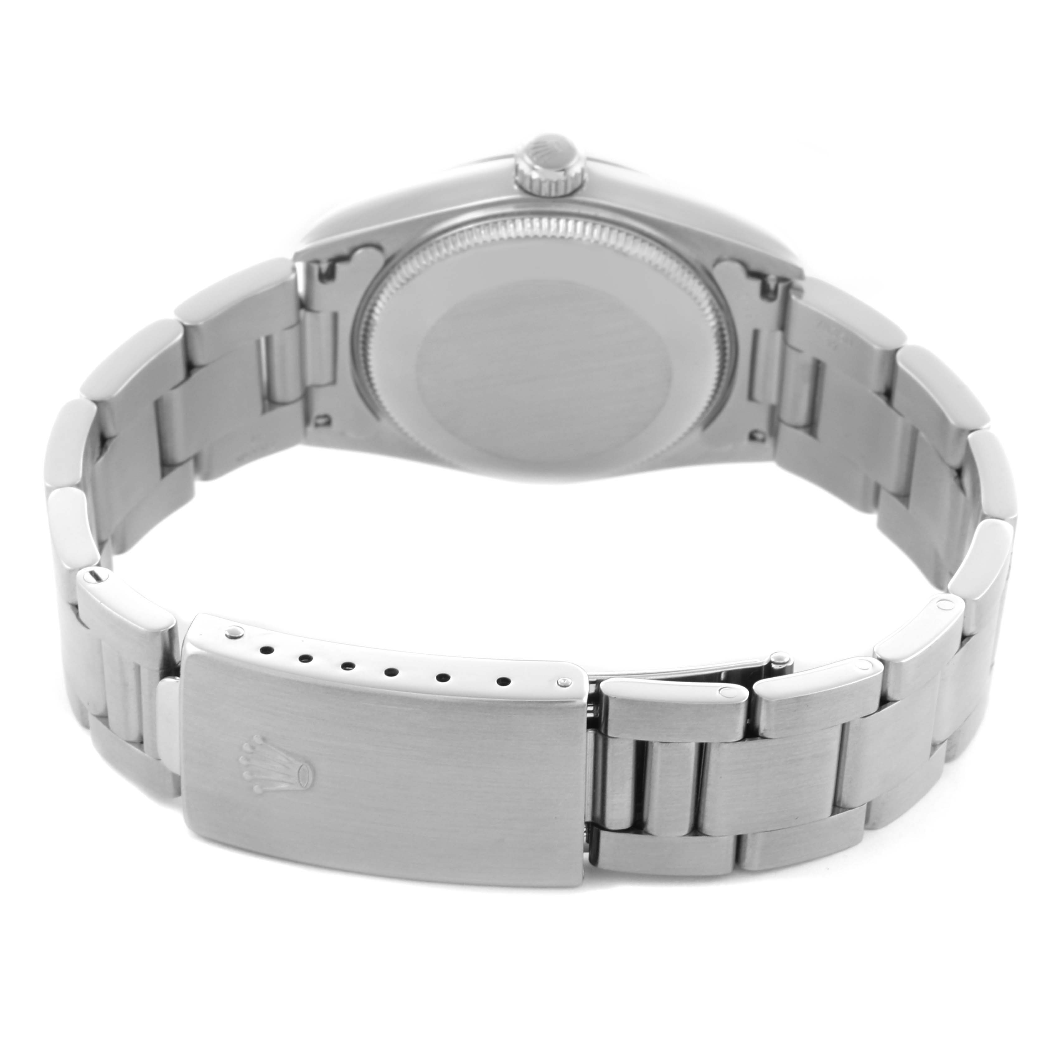 The image shows the back and clasp of a Rolex Mid-Size 77080 Women's Stainless Steel Black Dial 77080 Women's Stainless Steel Black Dial watch, highlighting the bracelet and caseback.