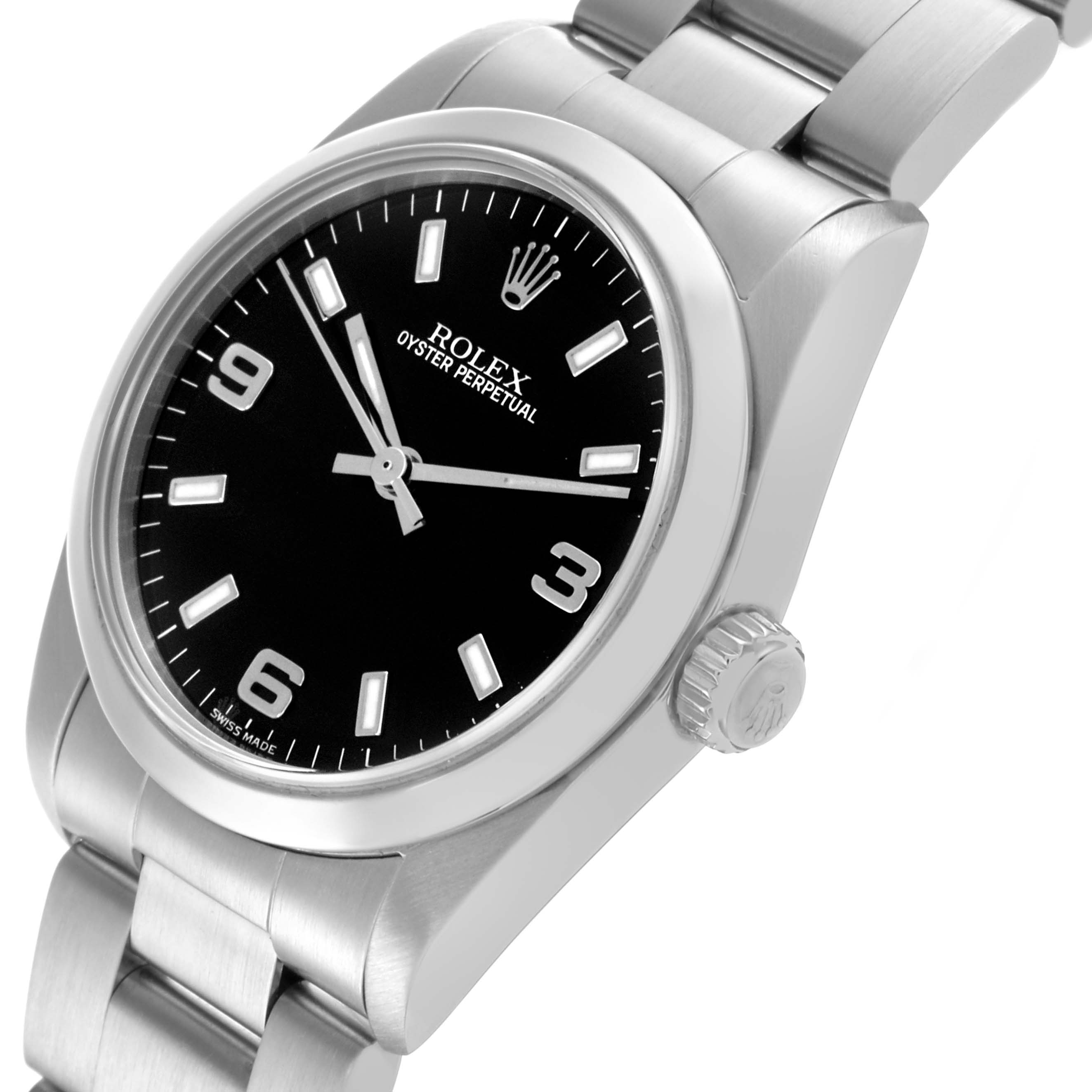 The Rolex Mid-Size 77080 Women's Stainless Steel Black Dial 77080 Women's Stainless Steel Black Dial watch is angled to show the face, crown, and part of the bracelet in detail.