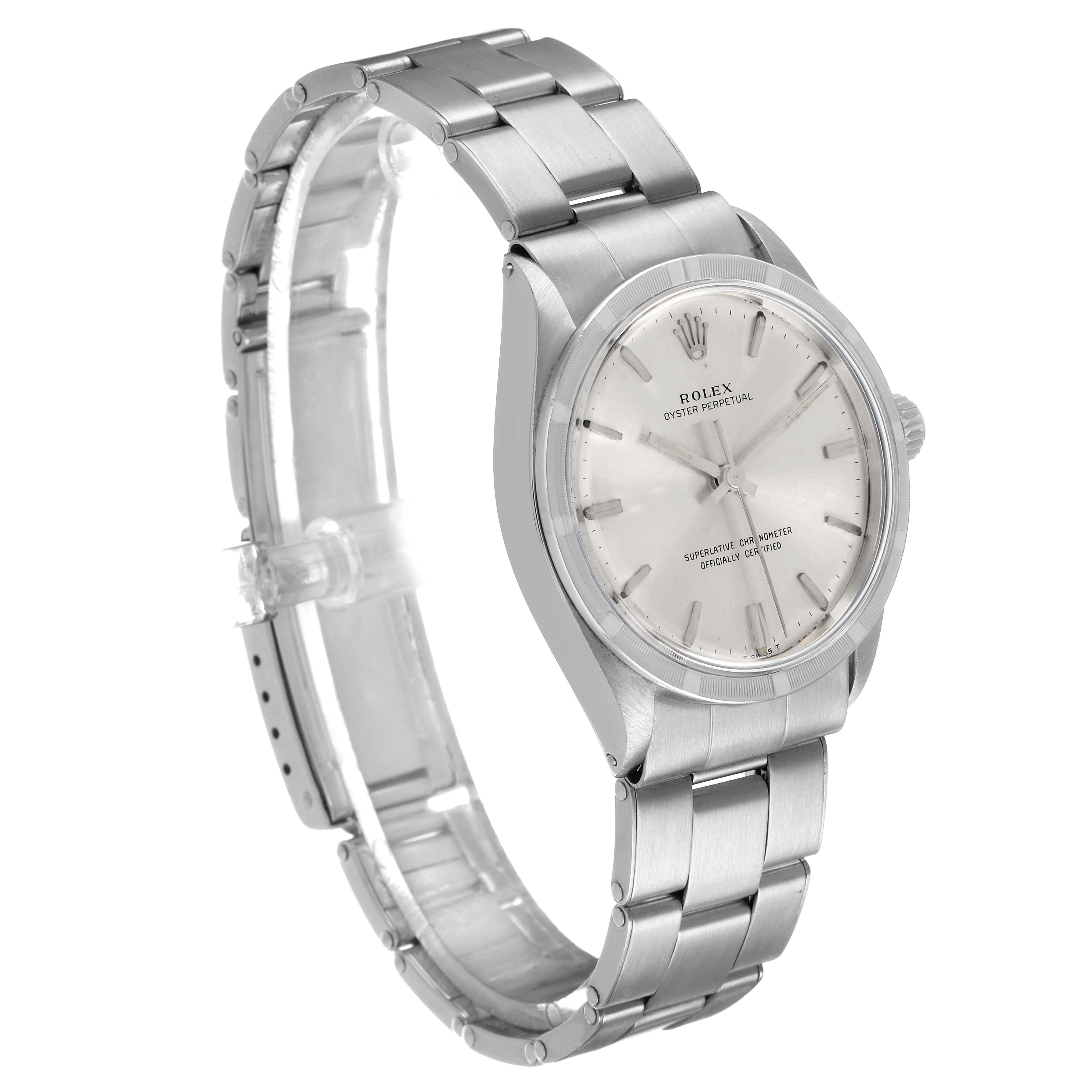 The Rolex Vintage collects 
ion 1007 Men's Stainless Steel Silver Dial watch is shown at a three-quarter angle, highlighting the dial, bracelet, and side profile.