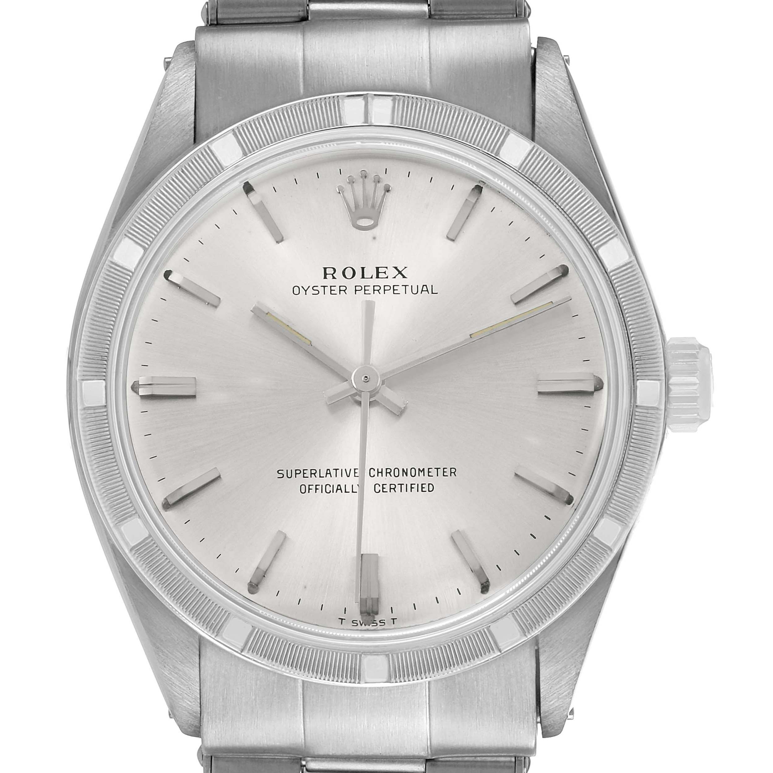 The Rolex Vintage collects 
ion 1007 Men's Stainless Steel Silver Dial model is shown from a frontal angle, displaying its dial, bezel, lugs, and part of the bracelet.