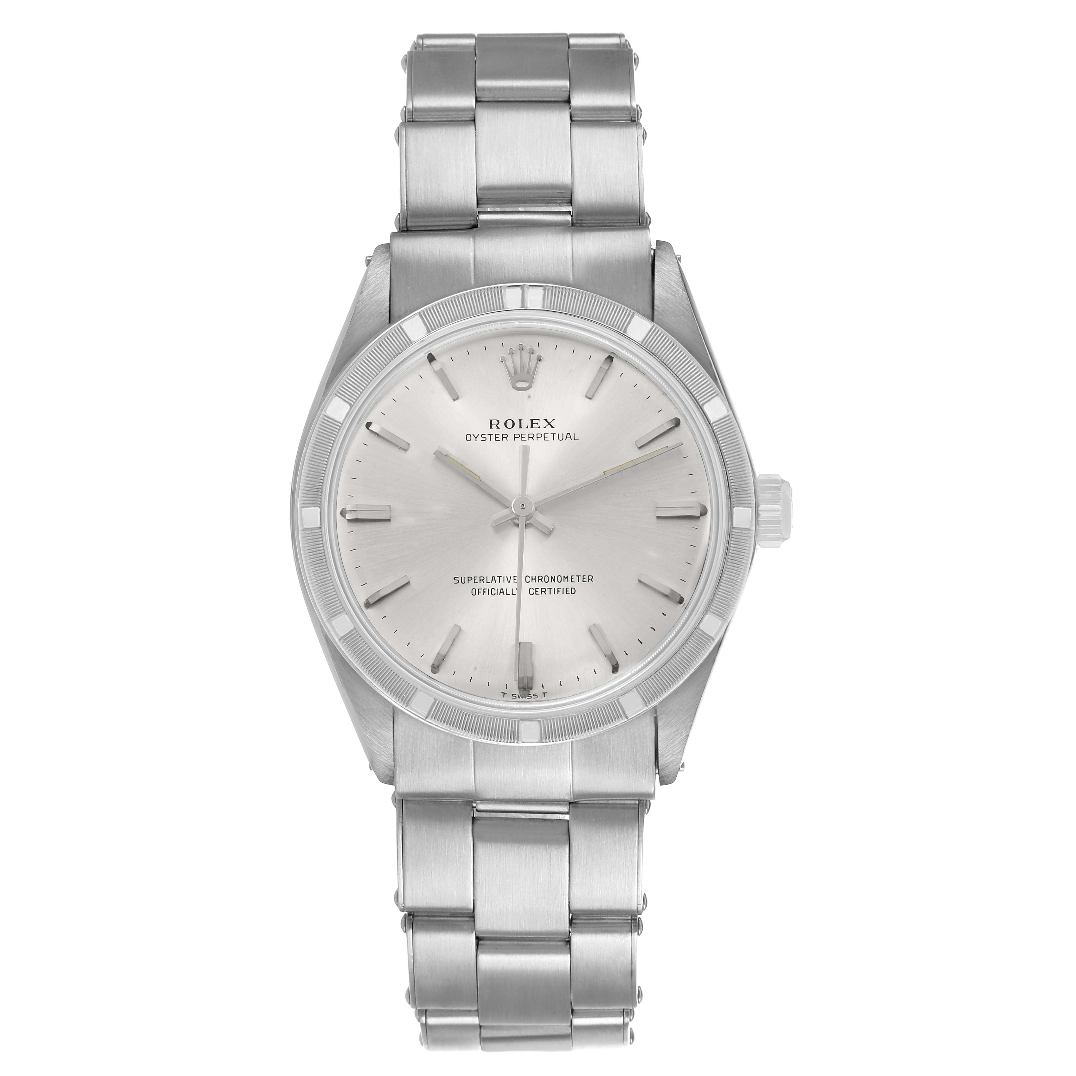 The Rolex Vintage collects 
ion 1007 Men's Stainless Steel Silver Dial watch is shown from the front, displaying the dial, bezel, and bracelet.