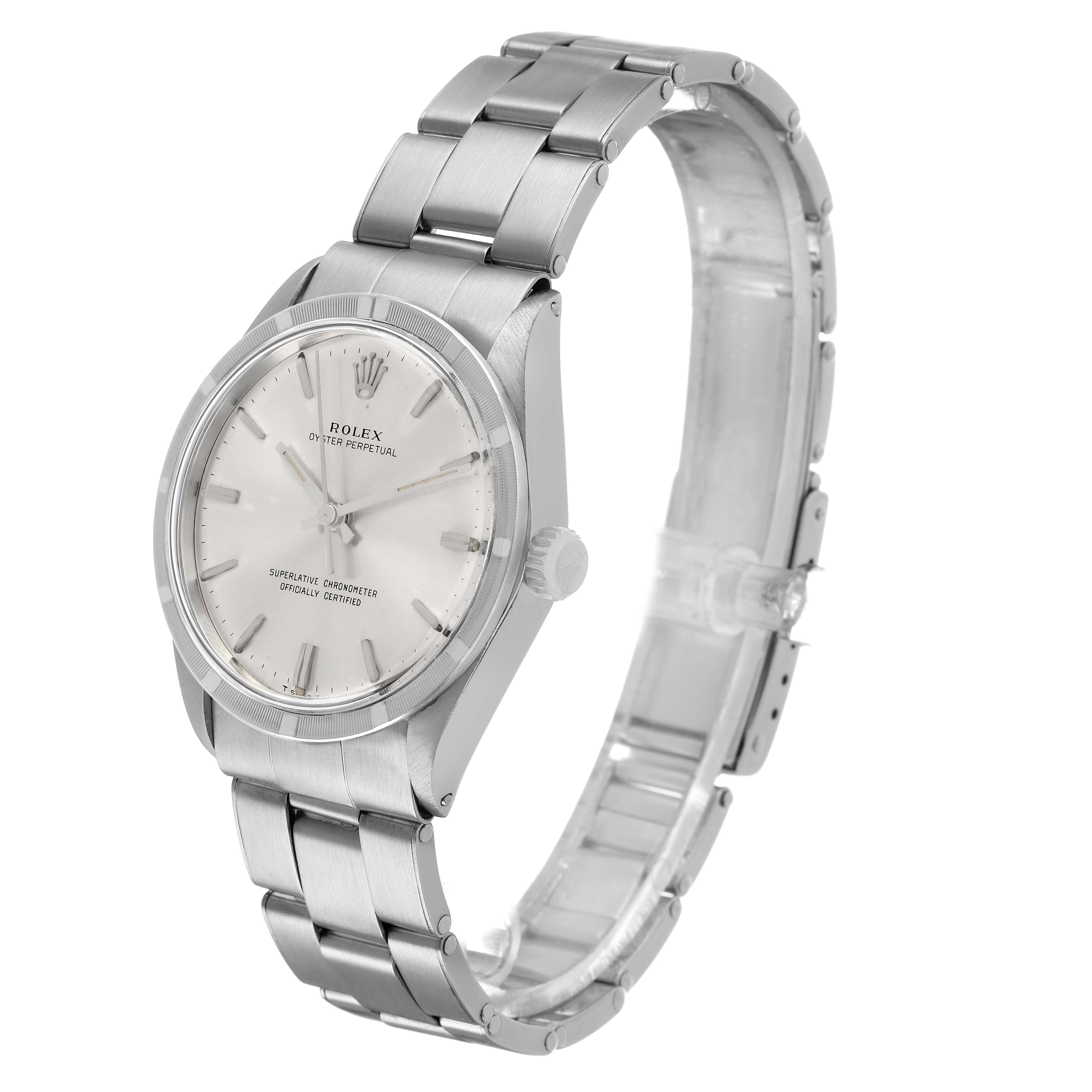 The Rolex Vintage collects 
ion 1007 Men's Stainless Steel Silver Dial watch is shown at a three-quarter angle, highlighting the face, bezel, and bracelet.