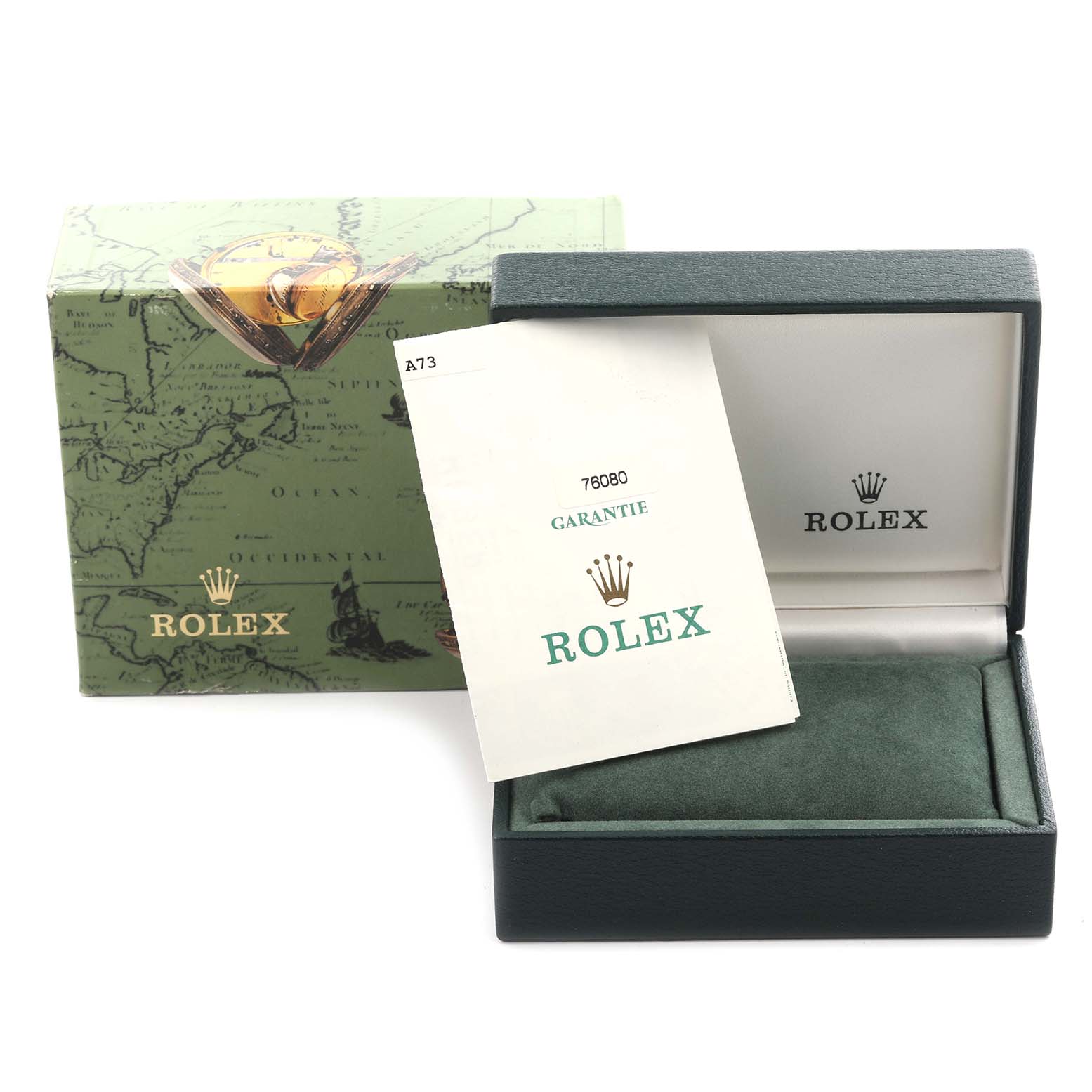 The image shows a Rolex Oyster Perpetual 76080 Women's Stainless Steel White Dial 76080 Women's Stainless Steel White Dial watch box, warranty card, and outer packaging.