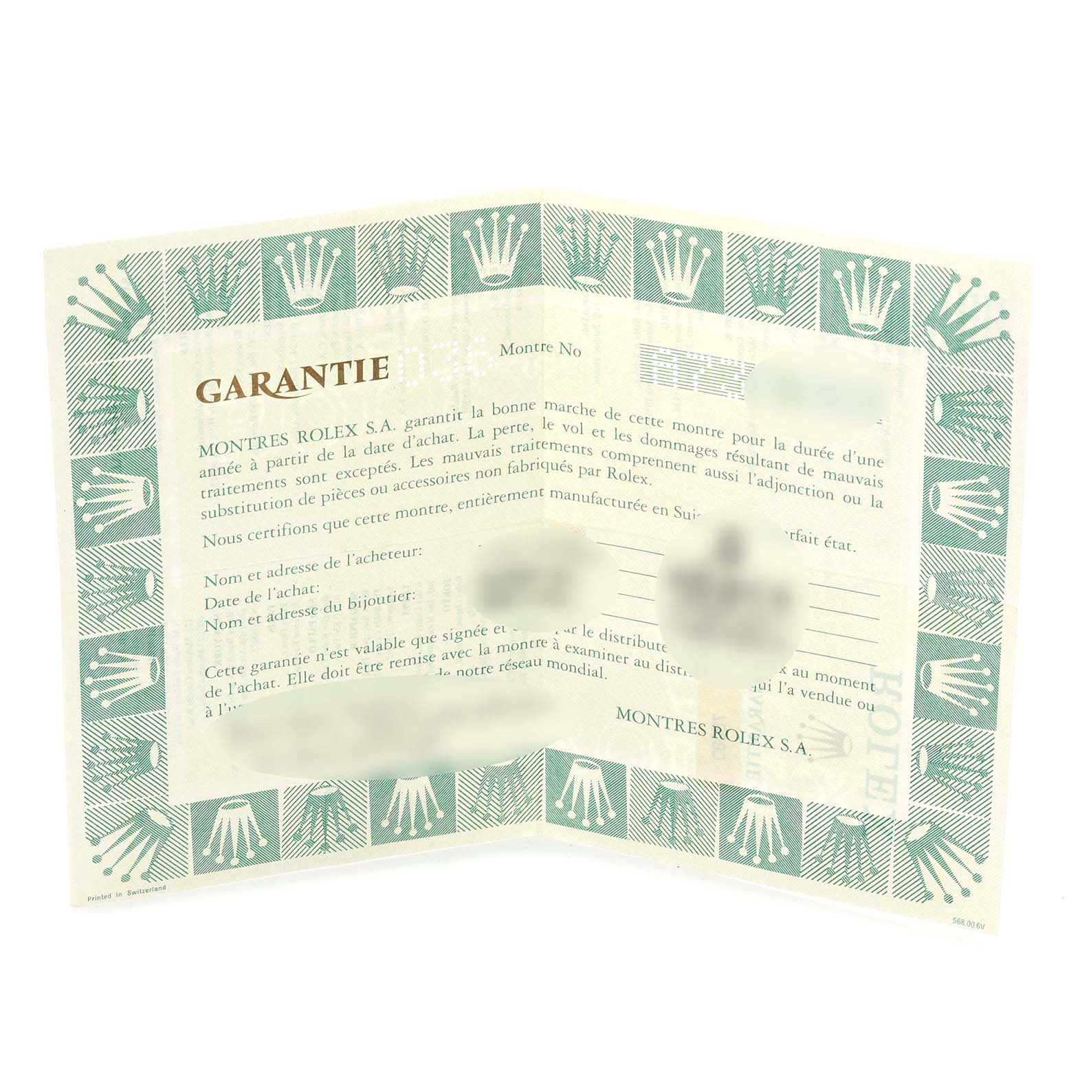 The image shows a Rolex guarantee document for an Oyster Perpetual watch, displayed open.