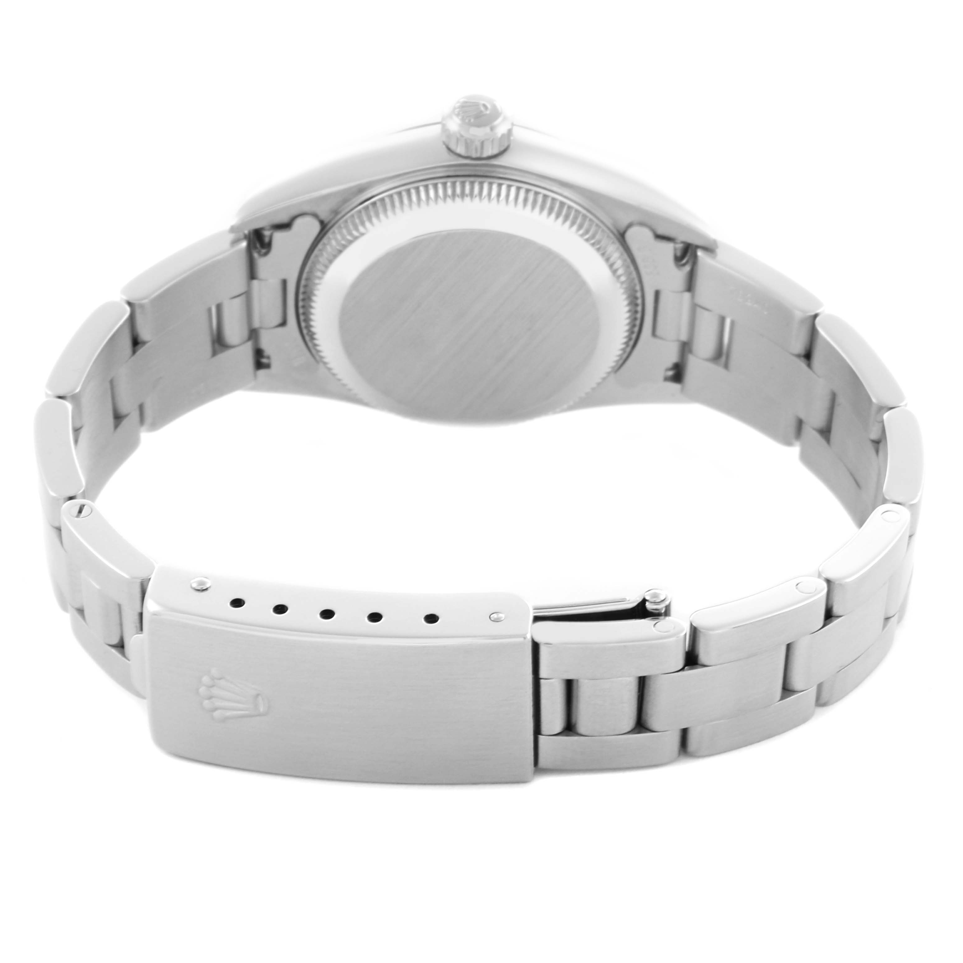 The image shows the back view of a Rolex Oyster Perpetual 76080 Women's Stainless Steel White Dial 76080 Women's Stainless Steel White Dial watch, highlighting the case back and bracelet clasp.