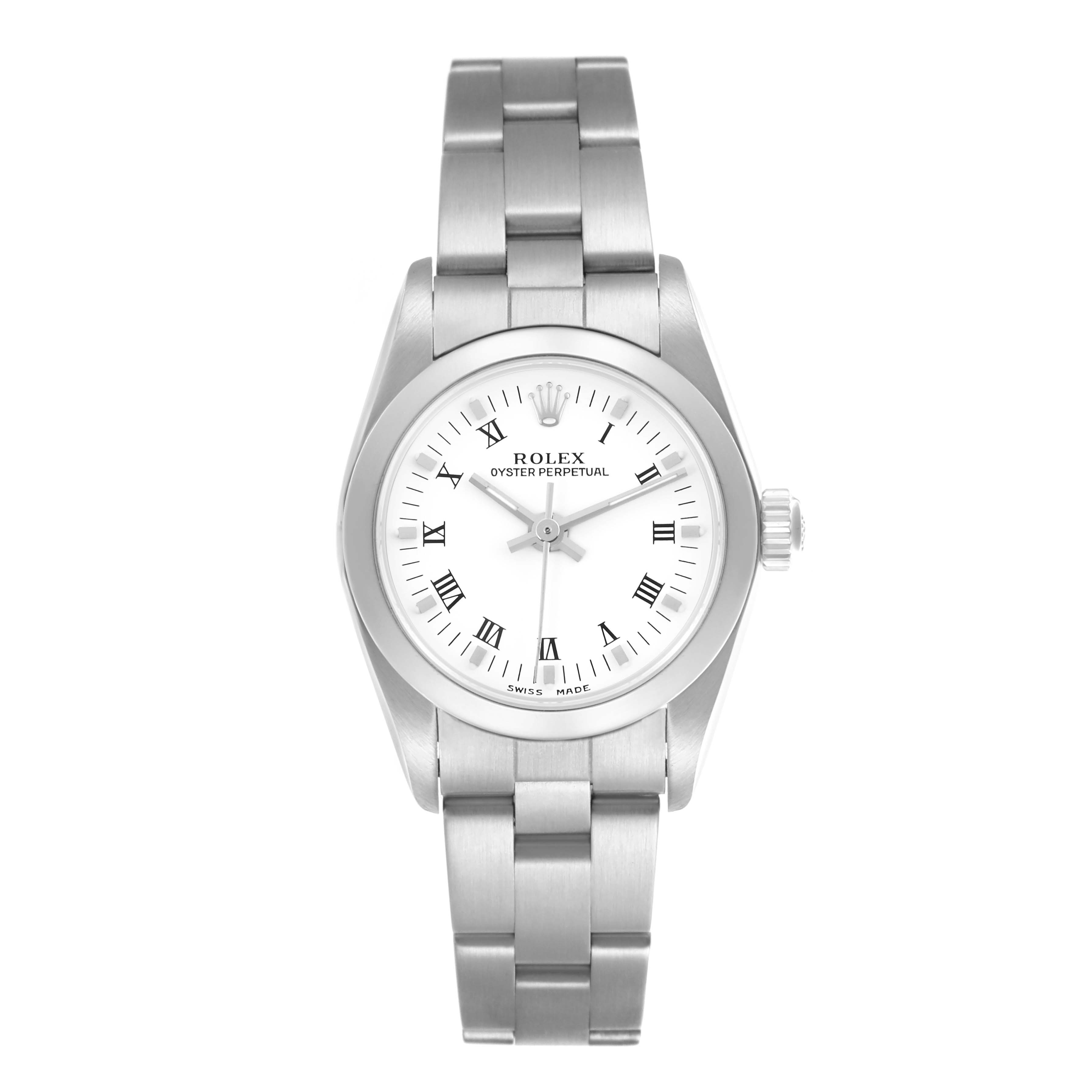 The Rolex Oyster Perpetual 76080 Women's Stainless Steel White Dial 76080 Women's Stainless Steel White Dial watch is shown from a top-down angle, displaying its bracelet and dial with Roman numerals.