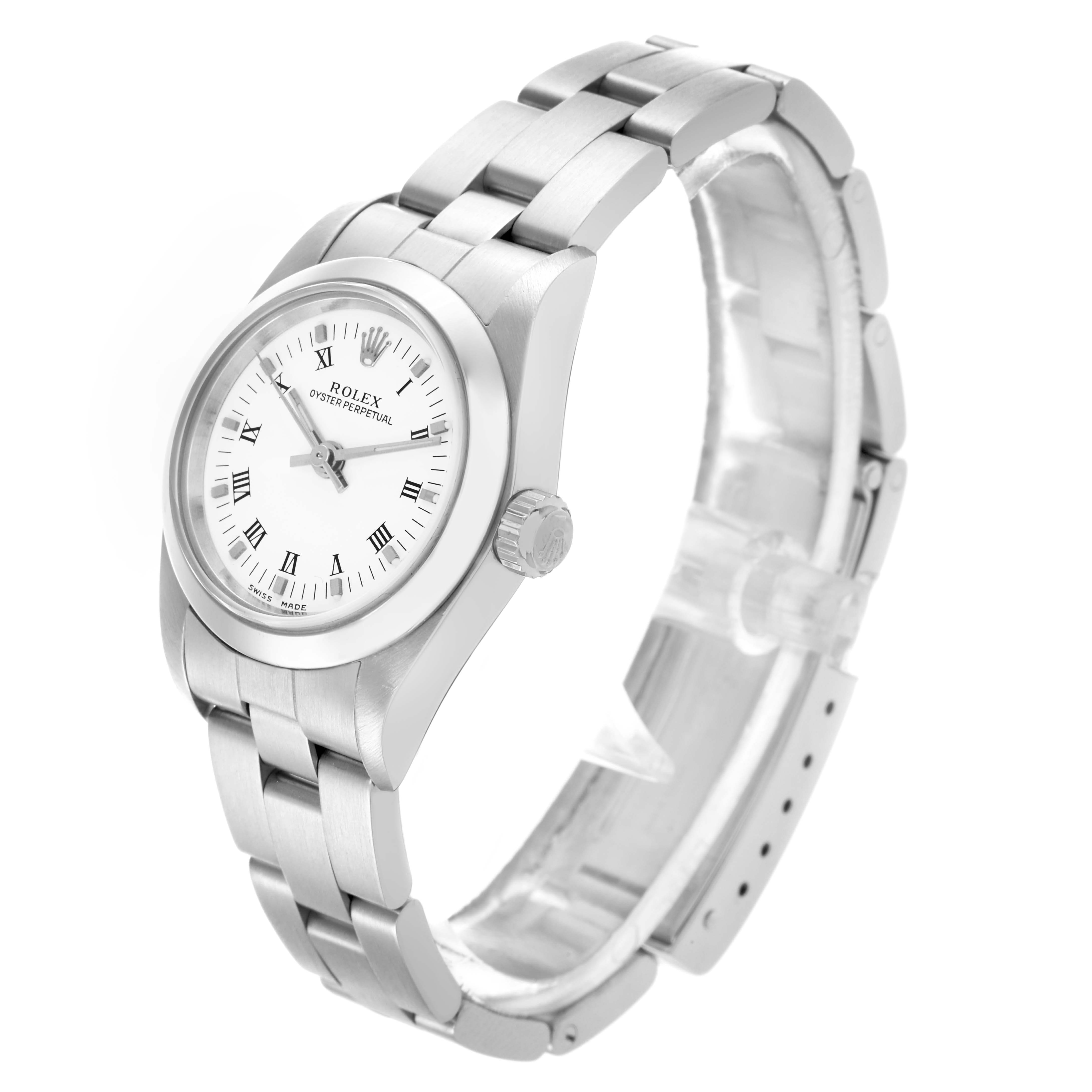 The Rolex Oyster Perpetual 76080 Women's Stainless Steel White Dial 76080 Women's Stainless Steel White Dial watch is angled to show its face, bezel, crown, and bracelet.