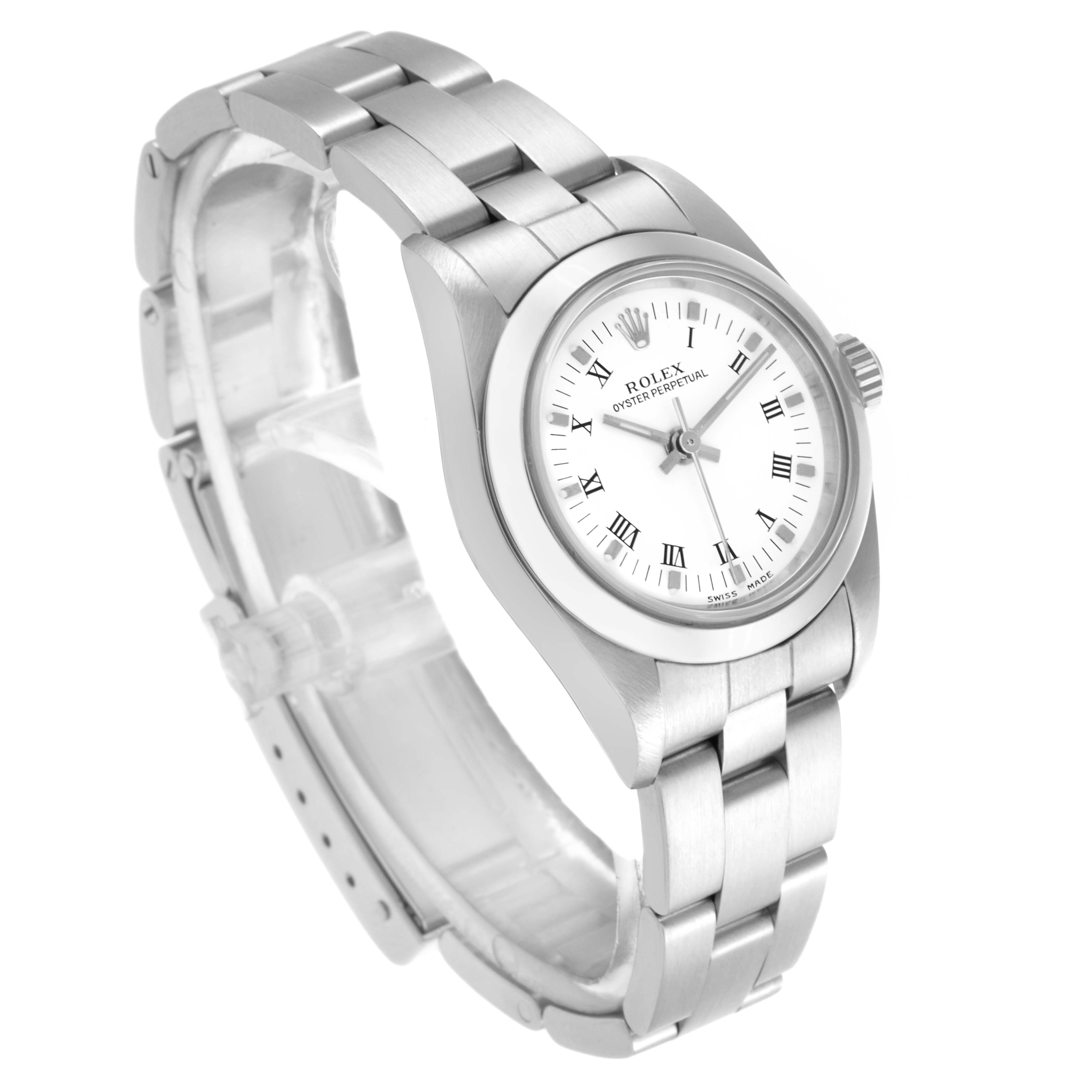The Rolex Oyster Perpetual 76080 Women's Stainless Steel White Dial 76080 Women's Stainless Steel White Dial watch is shown at a three-quarter angle, highlighting the face, bezel, bracelet, and crown.