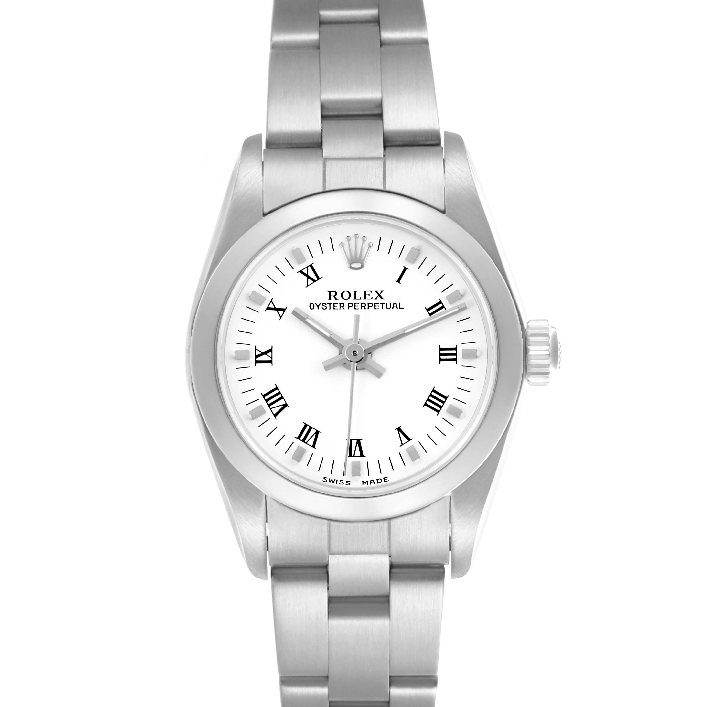 The Rolex Oyster Perpetual 76080 Women's Stainless Steel White Dial 76080 Women's Stainless Steel White Dial watch is shown from the front, displaying the dial, bezel, and bracelet.