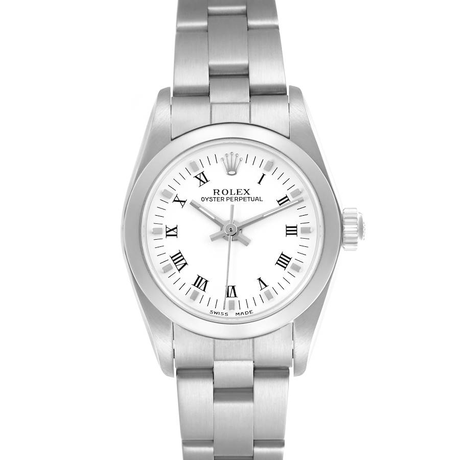 The Rolex Oyster Perpetual watch is shown from the front, displaying the dial, bezel, and bracelet.