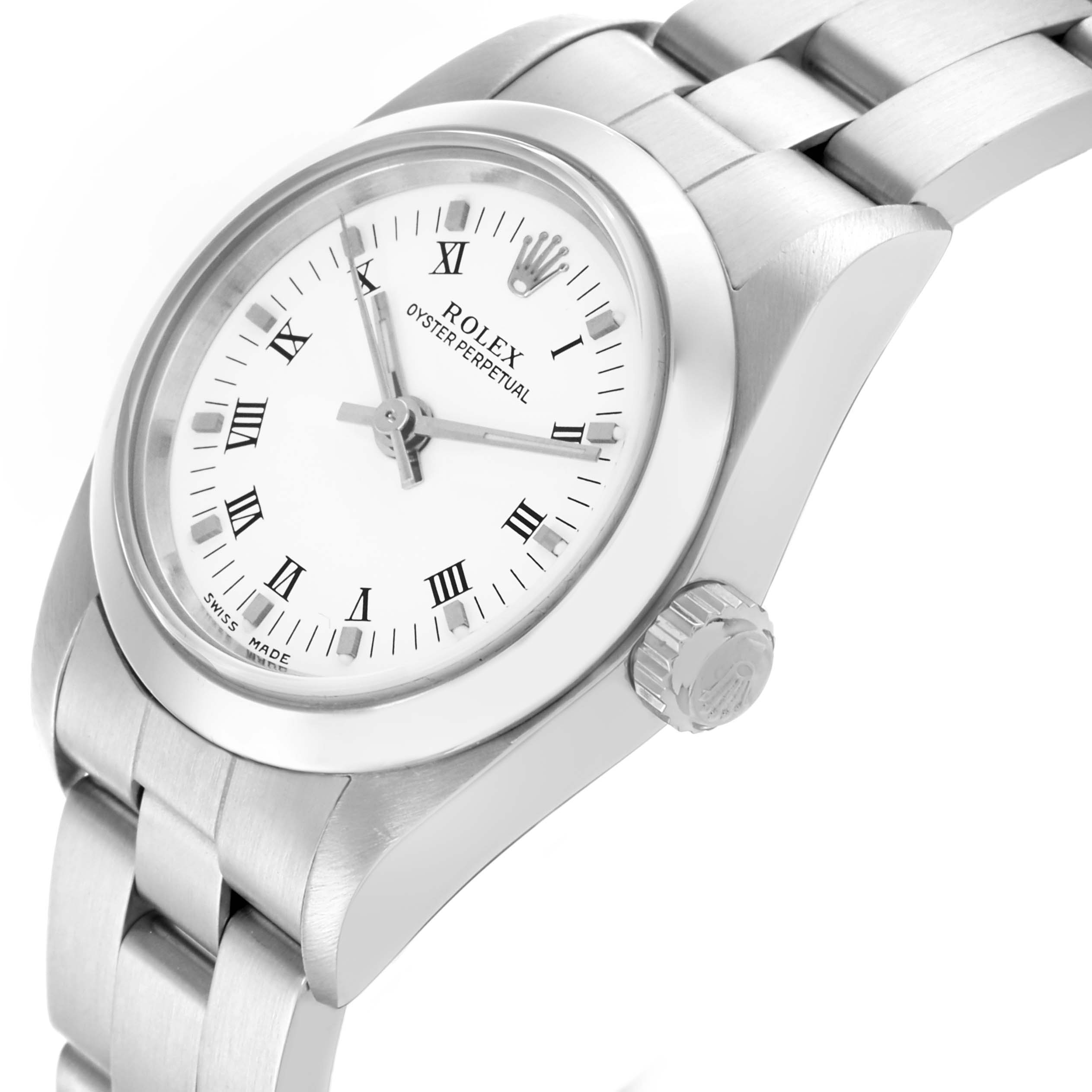 The Rolex Oyster Perpetual 76080 Women's Stainless Steel White Dial 76080 Women's Stainless Steel White Dial watch is shown at a tilted angle, highlighting the dial, bezel, crown, and part of the bracelet.