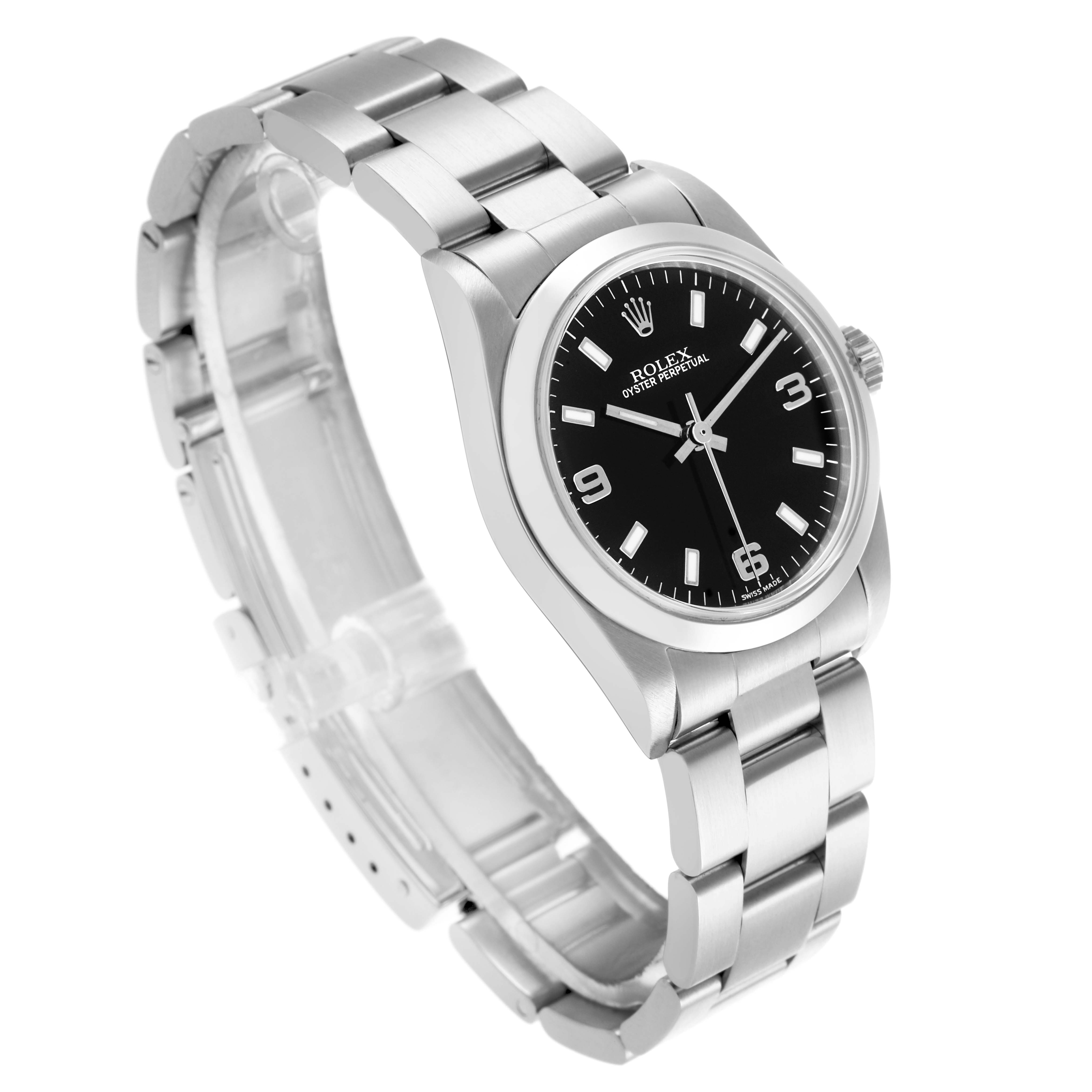 The Rolex Mid-Size 77080 Women's Stainless Steel Black Dial 77080 Women's Stainless Steel Black Dial watch is shown at a three-quarter angle, highlighting the face, bezel, and part of the bracelet.