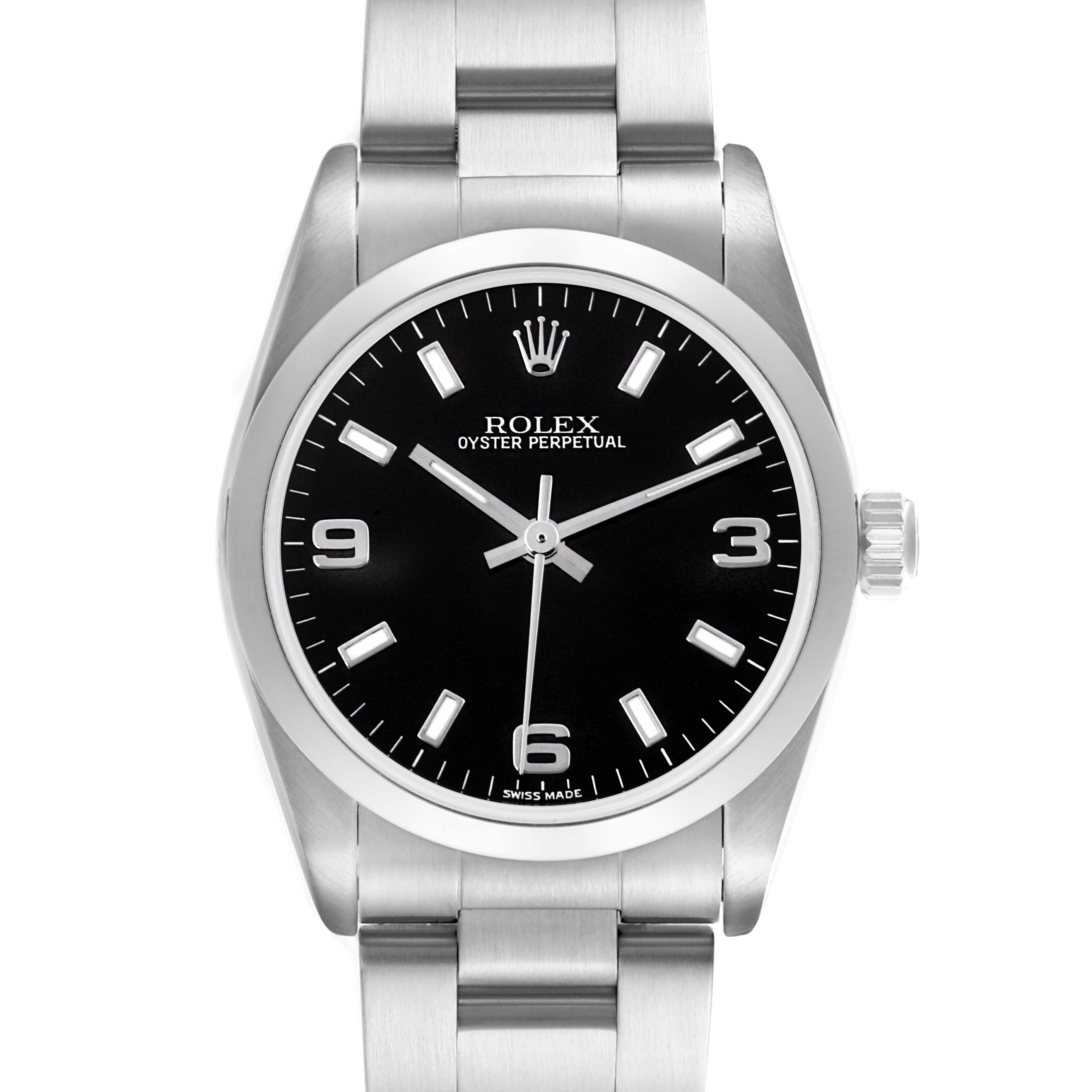 The Rolex Mid-Size 77080 Women's Stainless Steel Black Dial 77080 Women's Stainless Steel Black Dial watch is shown from the front, displaying its face, bezel, case, and bracelet.