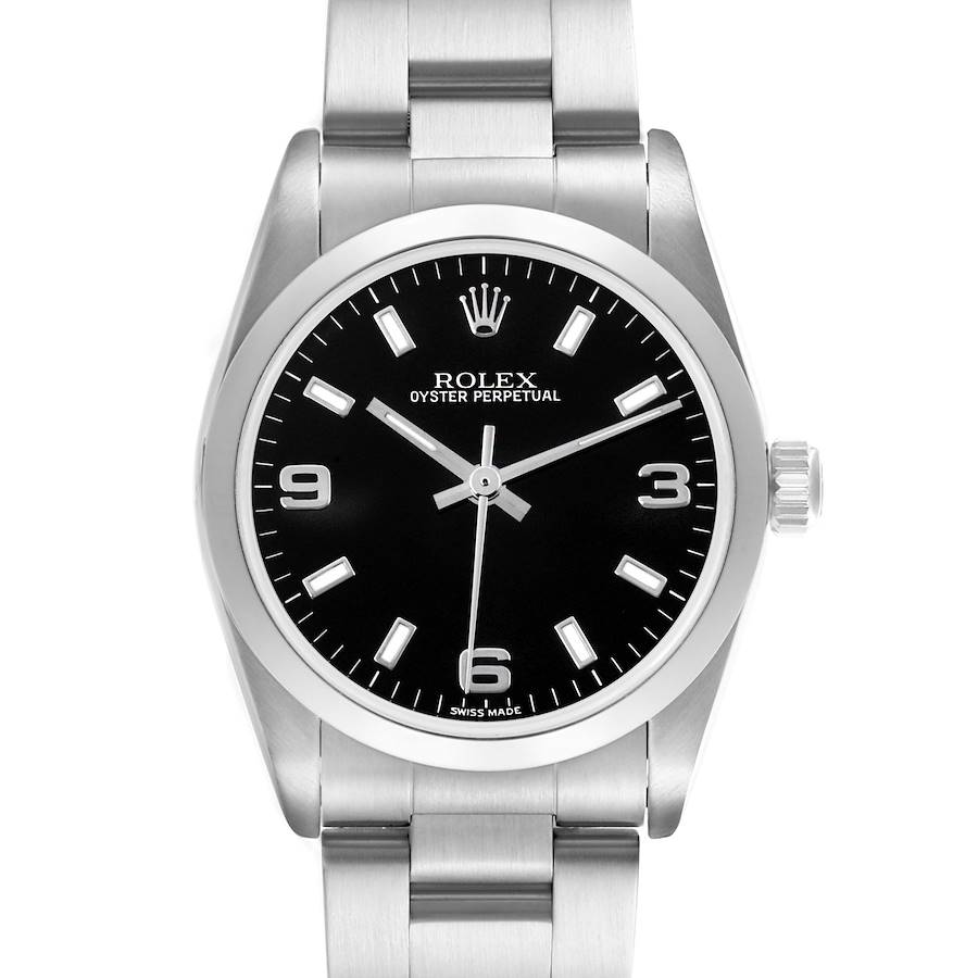 The Rolex Mid-Size watch is shown from the front, displaying its face, bezel, case, and bracelet.