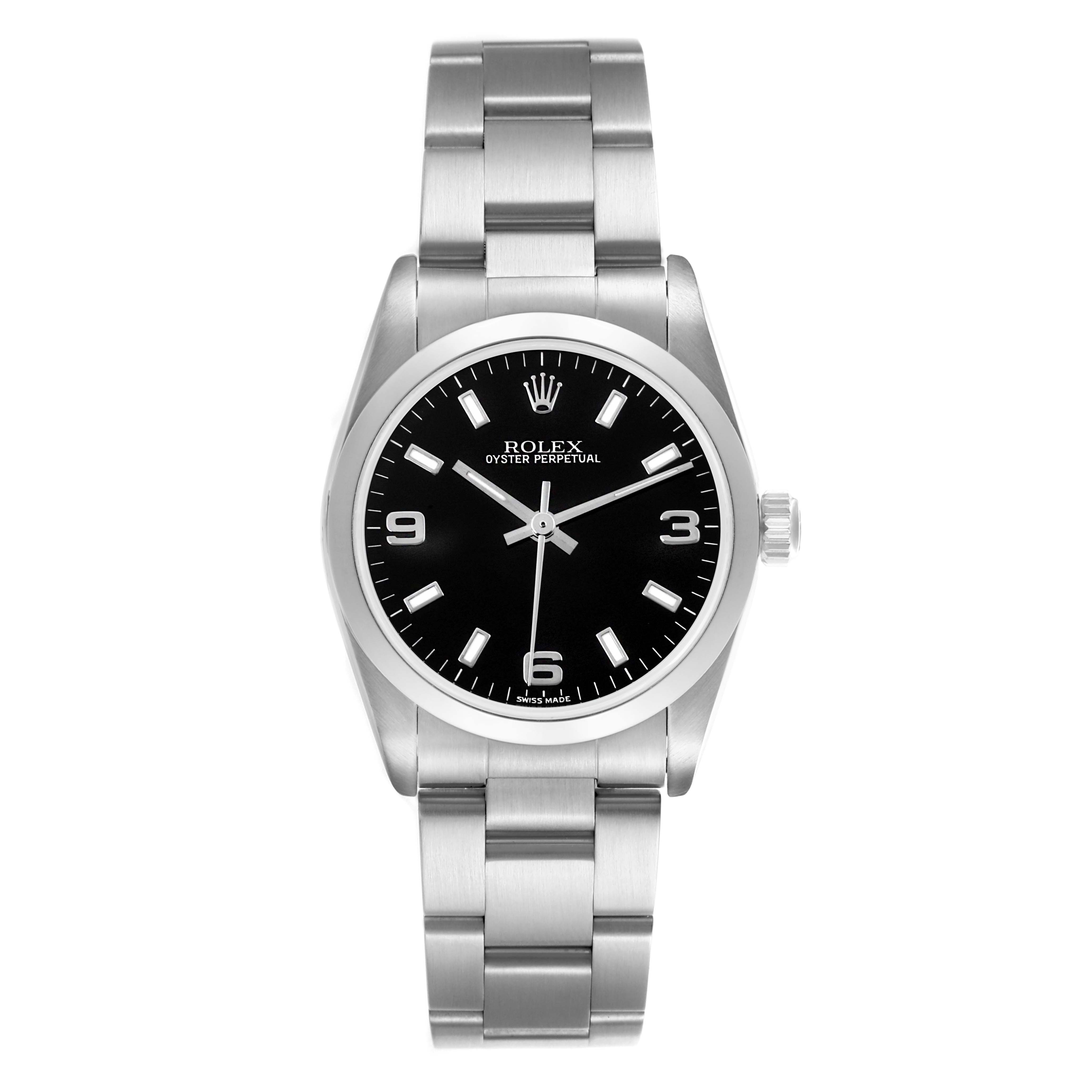 The Rolex Mid-Size 77080 Women's Stainless Steel Black Dial 77080 Women's Stainless Steel Black Dial model is shown from the front, displaying the dial, bezel, and bracelet.