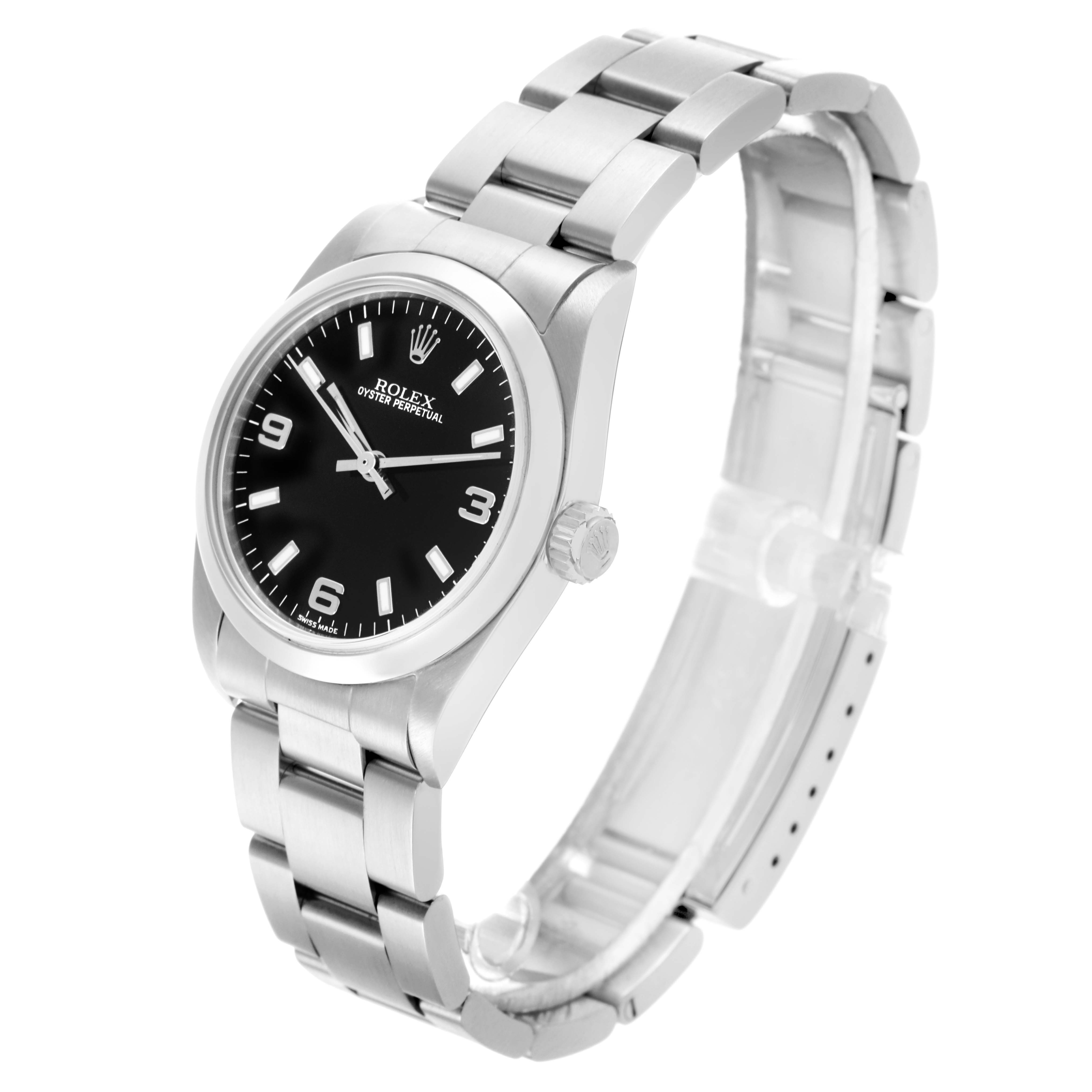 The image shows a Rolex Mid-Size 77080 Women's Stainless Steel Black Dial 77080 Women's Stainless Steel Black Dial watch at a slight angle, displaying the face, bezel, crown, and part of the bracelet.